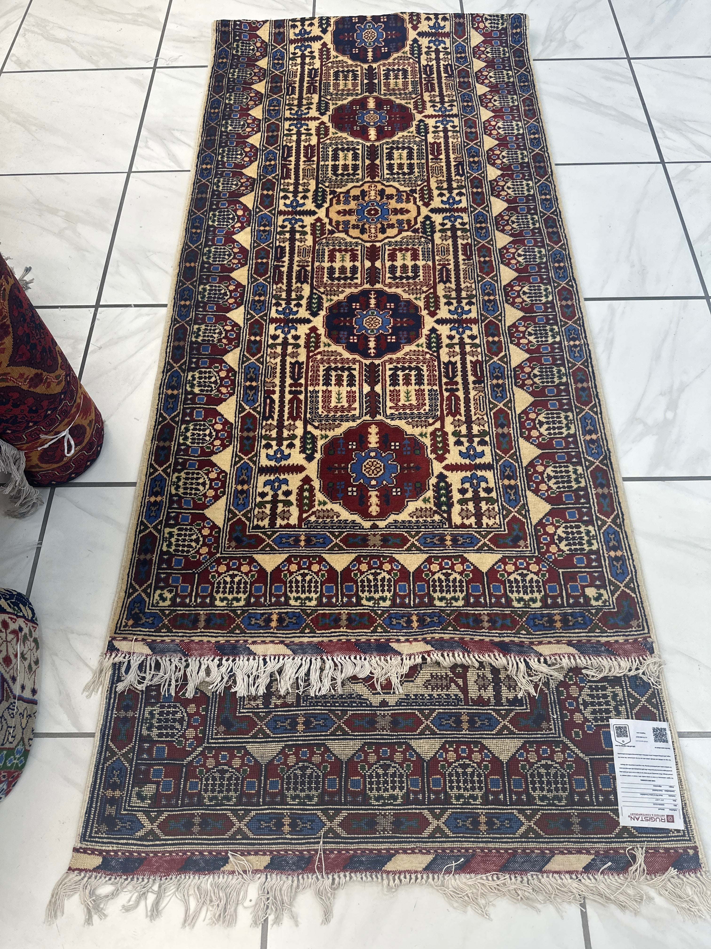 Hand-Knotted Gandomi Afghani Wool Rug | Cream, Red & Blue 3'1" x 13'3"