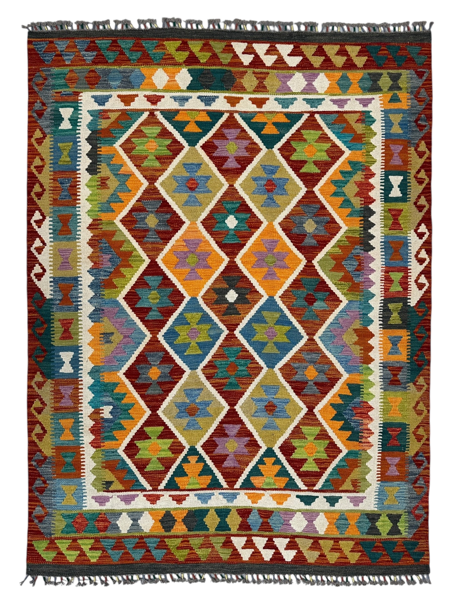 Hand-Woven Afghani Kilim Wool Rug 5'2" x 6'11"