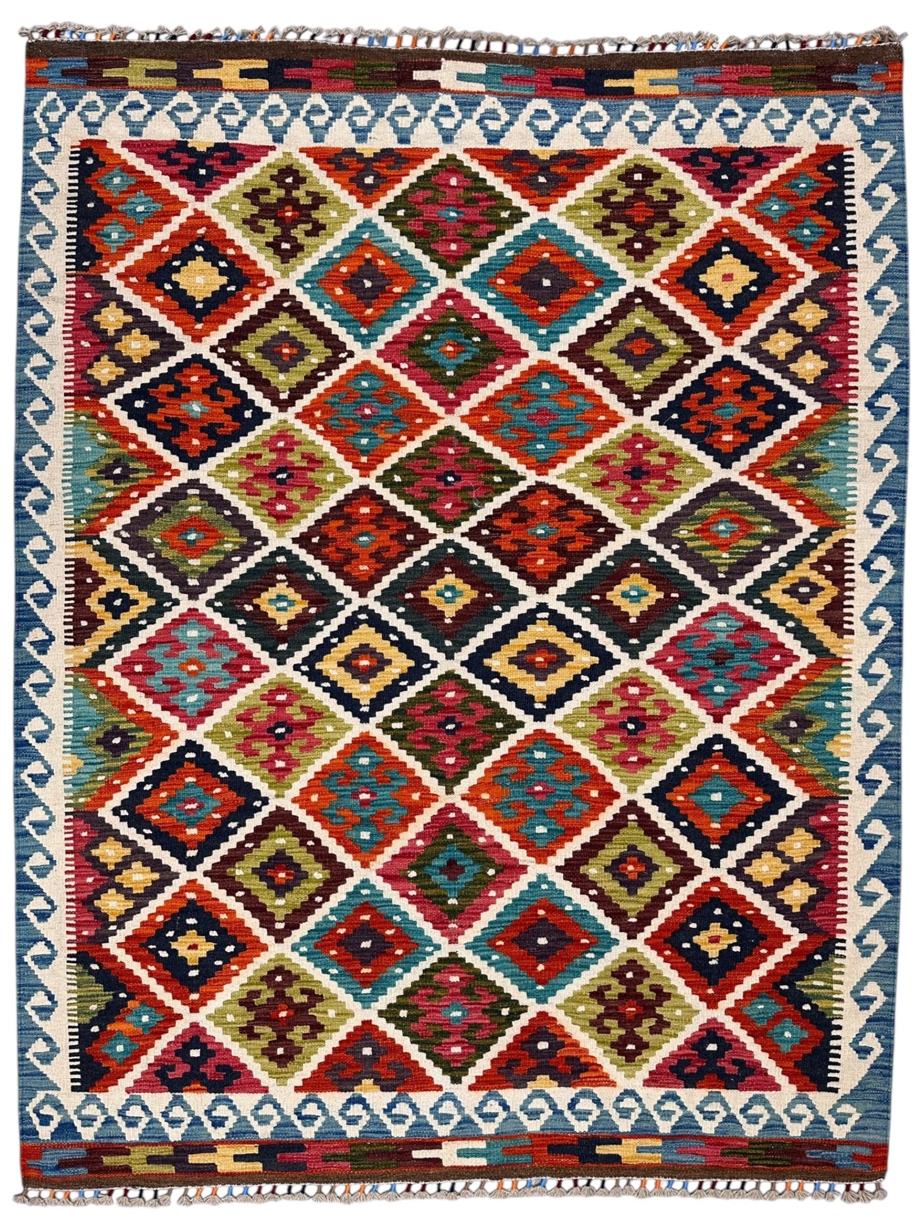 5'1" x 6'7" Handwoven Wool Kilim Rug – Colorful Geometric Tribal Flatweave with Decorative Bound Fringe – Reversible