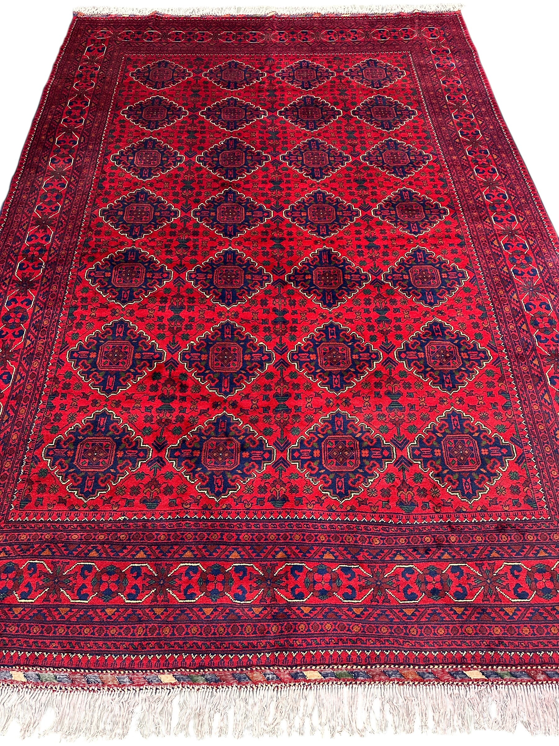 Hand-Knotted Afghani Khamyab Wool Area Rug | Red & Blue | 6′8″ x 10′