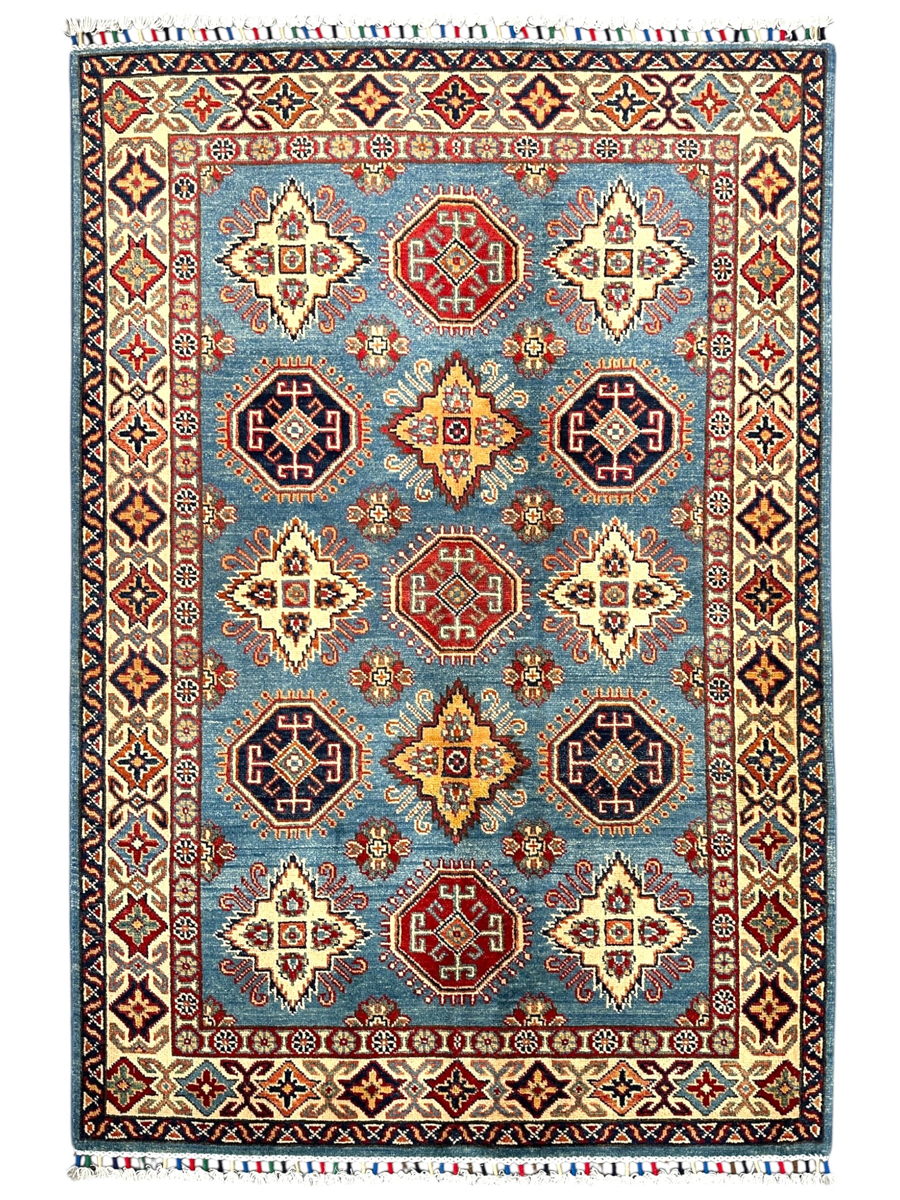 Hand-Knotted Afghan Kazak Wool Rug | Blue, Cream & Red Tribal Design | 4'1″ x 5'11″