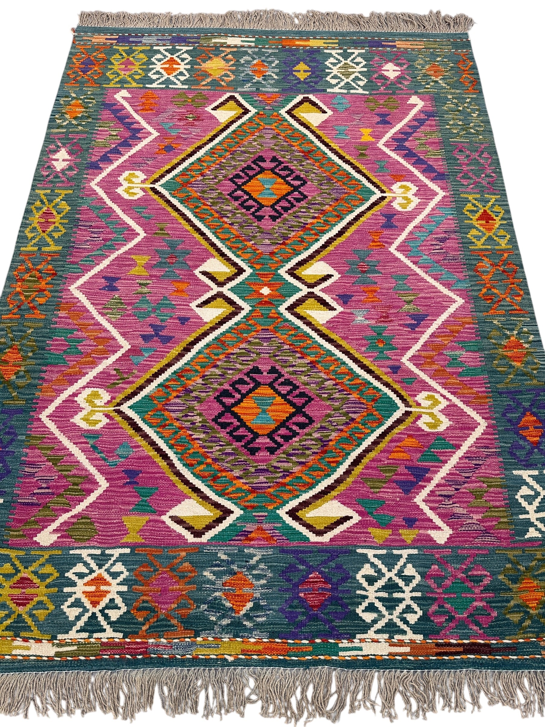 4'10" x 6'10" Handwoven Afghani Wool Kilim Rug – Vibrant Geometric Tribal Flatweave with Rugistan Decorative Fringe – Reversible