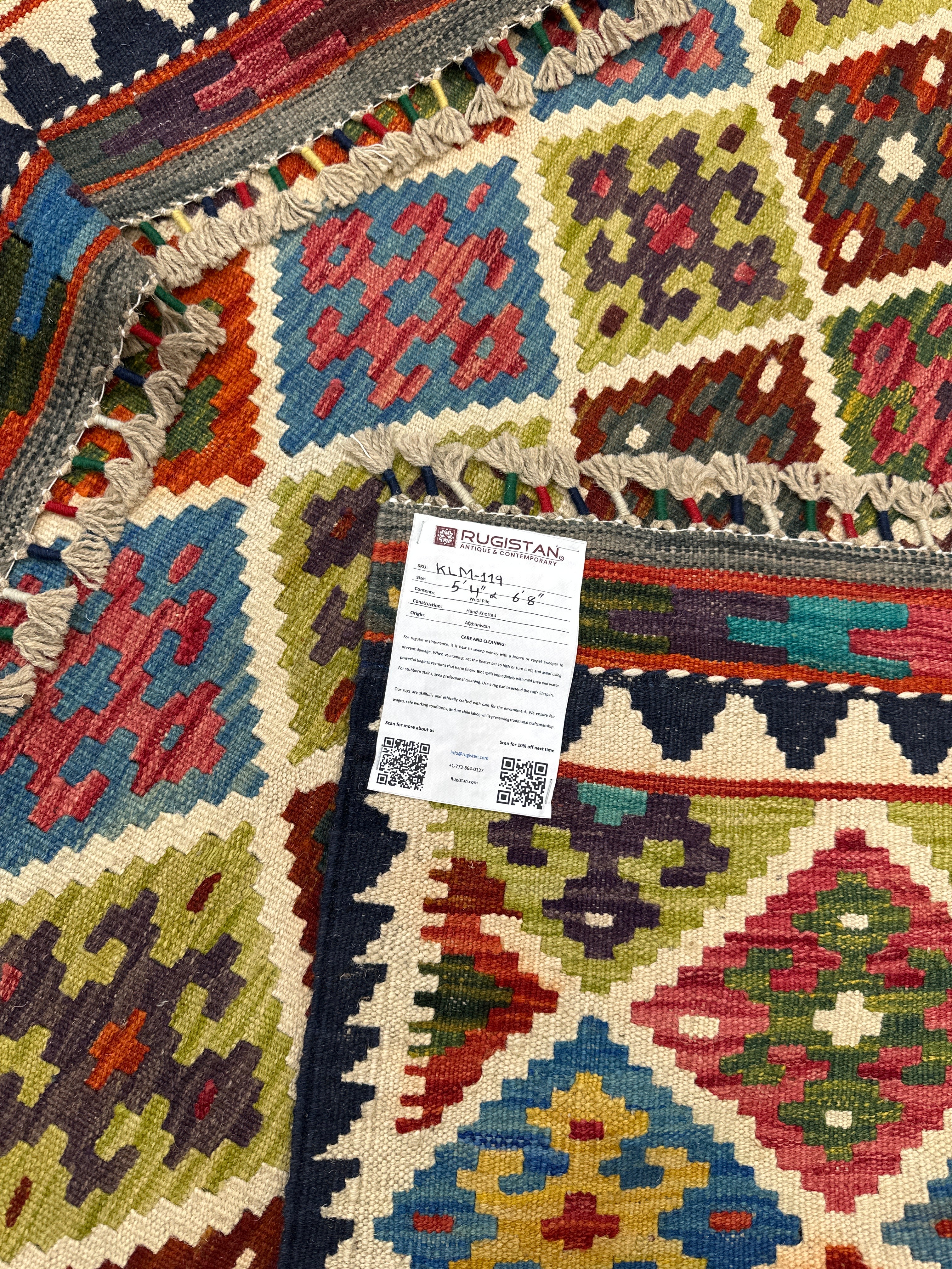 Hand-Woven Afghani Kilim Wool Rug 5'4" x 6'8"