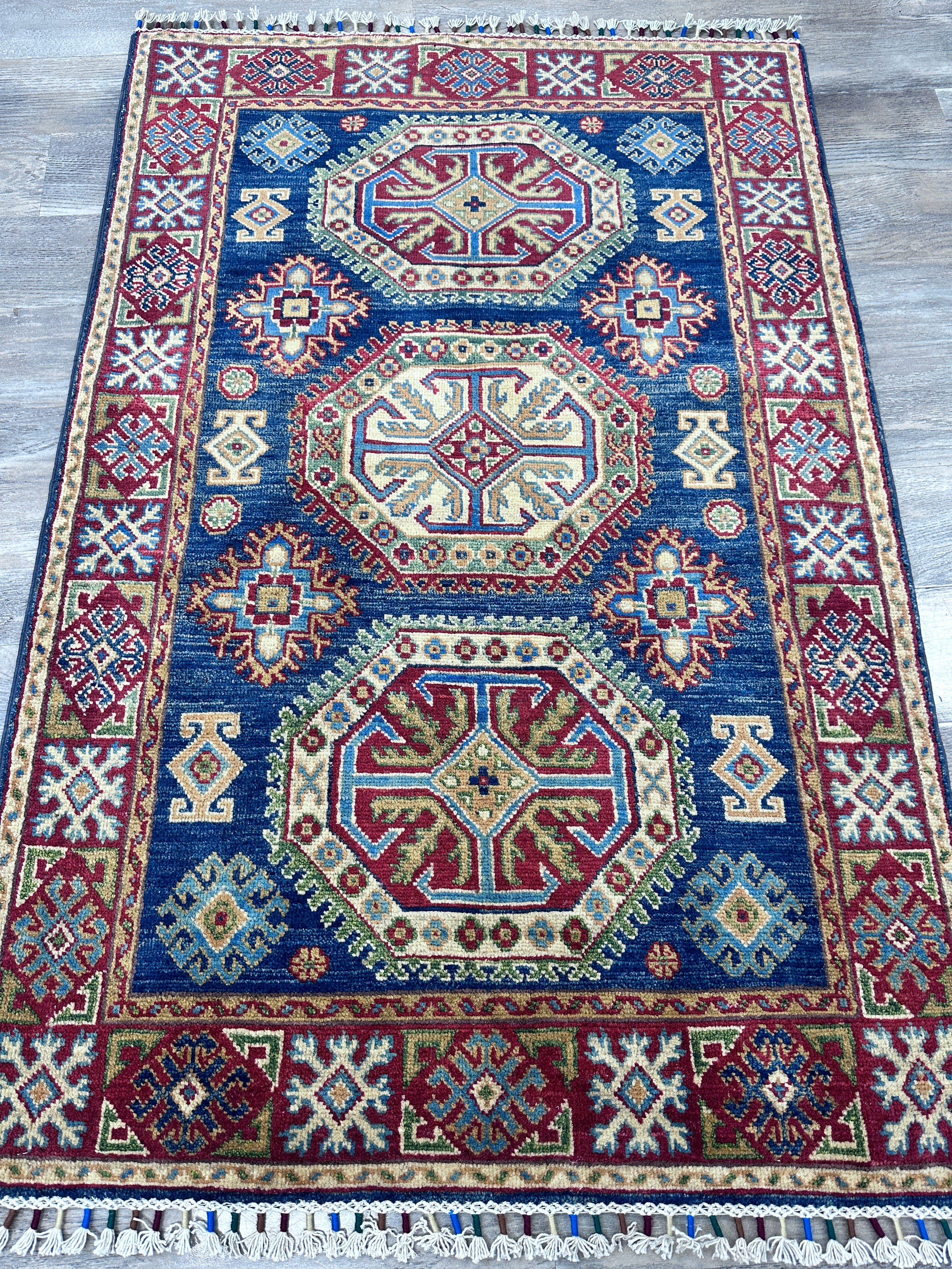 Hand-Knotted Afghani Kazak Wool Rug – 3’4″ x 5’0″