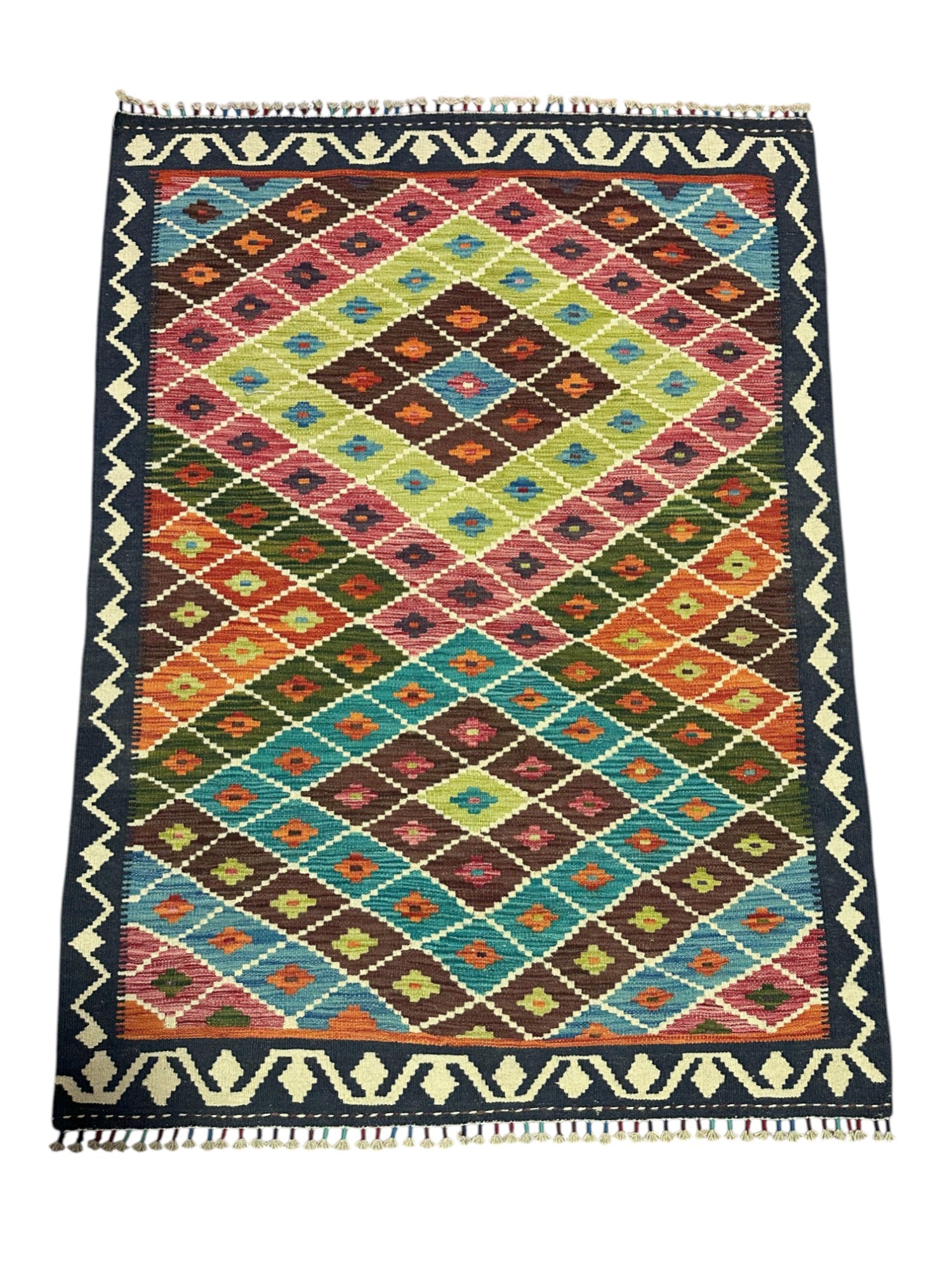 Hand-Woven Afghani Kilim Wool Rug 4'2" x 5'9"