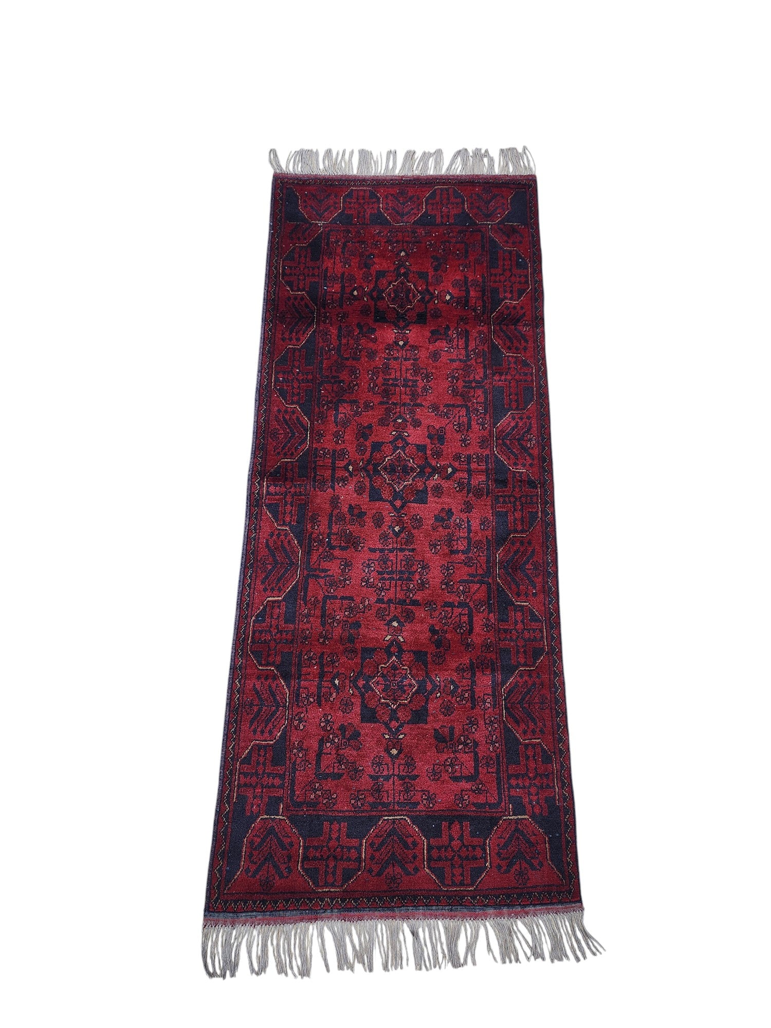 Hand-Knotted Afghani Bukharai Wool Rug Red 2'8" x 6'6"