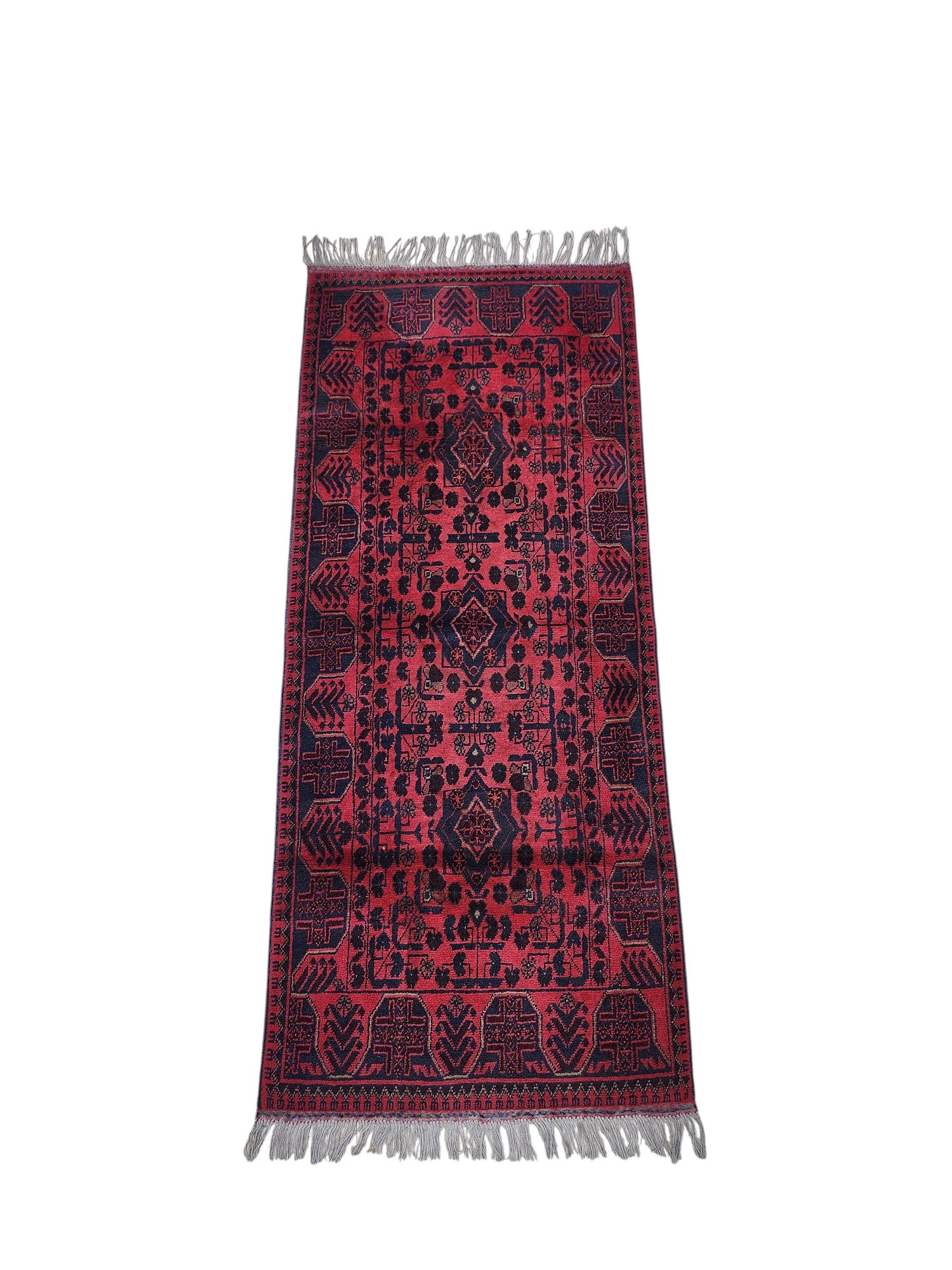 Hand-Knotted Afghani Bukharai Wool Rug Red 2'9" x 6'3"