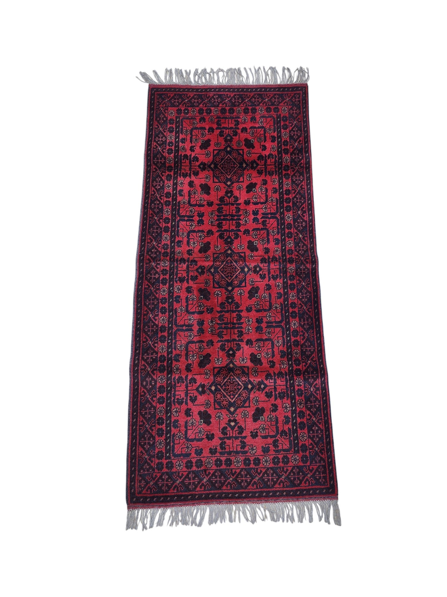 Hand-Knotted Afghani Bukharai Wool Rug Red 2'9" x 6'4"