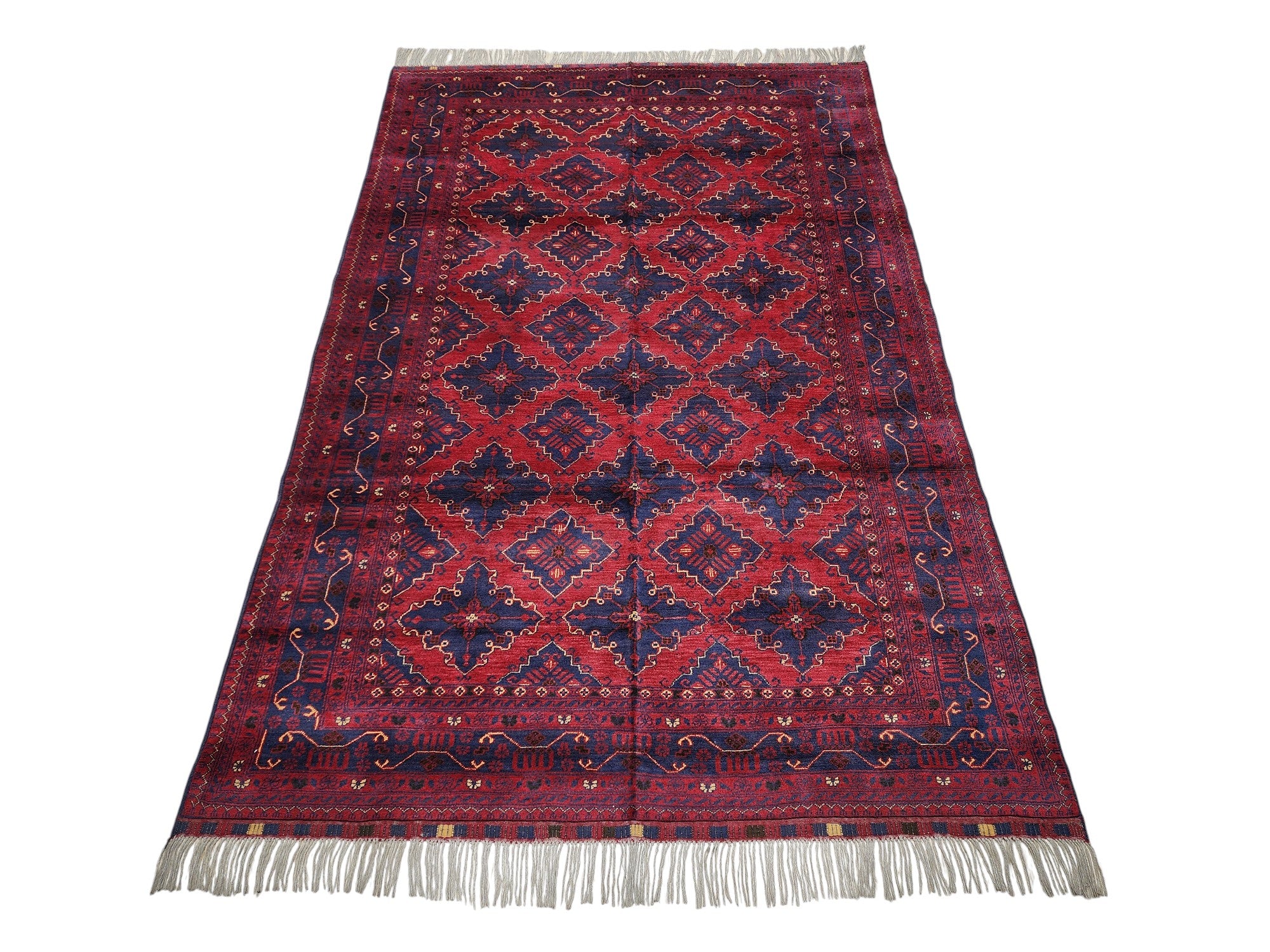 Hand-Knotted Afghani Andkhoie Wool Rug Red,Dark Blue 6'7" x 9'11"