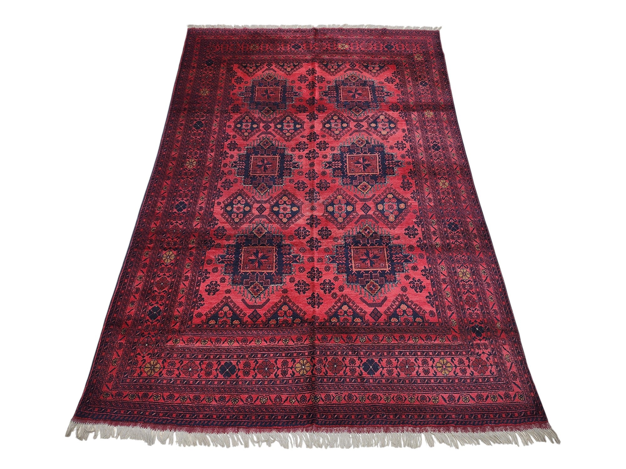 Hand-Knotted Afghani Patnos Wool Rug Red,Dark Blue 6'7" x 9'11"