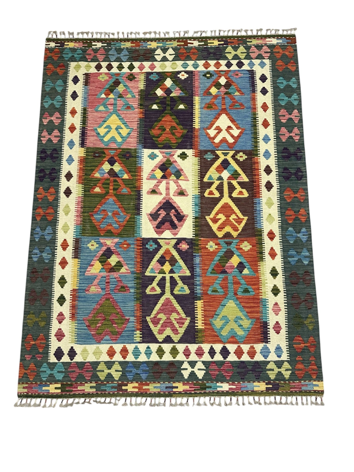 Hand-Woven Afghani Kilim Wool Rug 4'11" x 6'7"