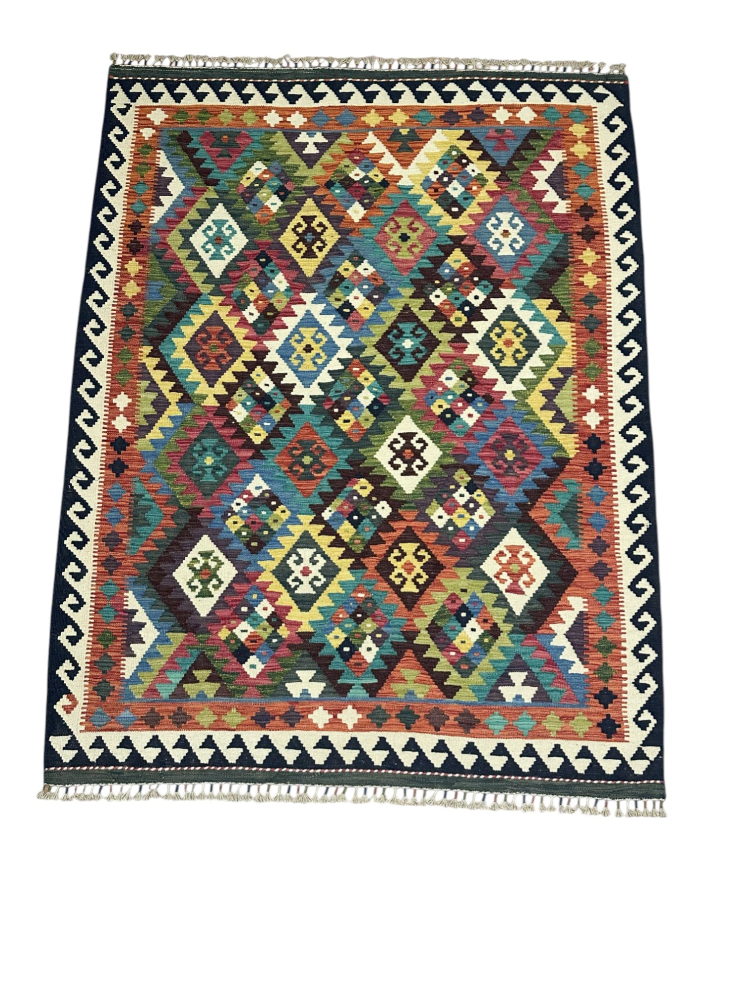 Hand-Woven Afghani Kilim Wool Rug 5'5" x 6'11"