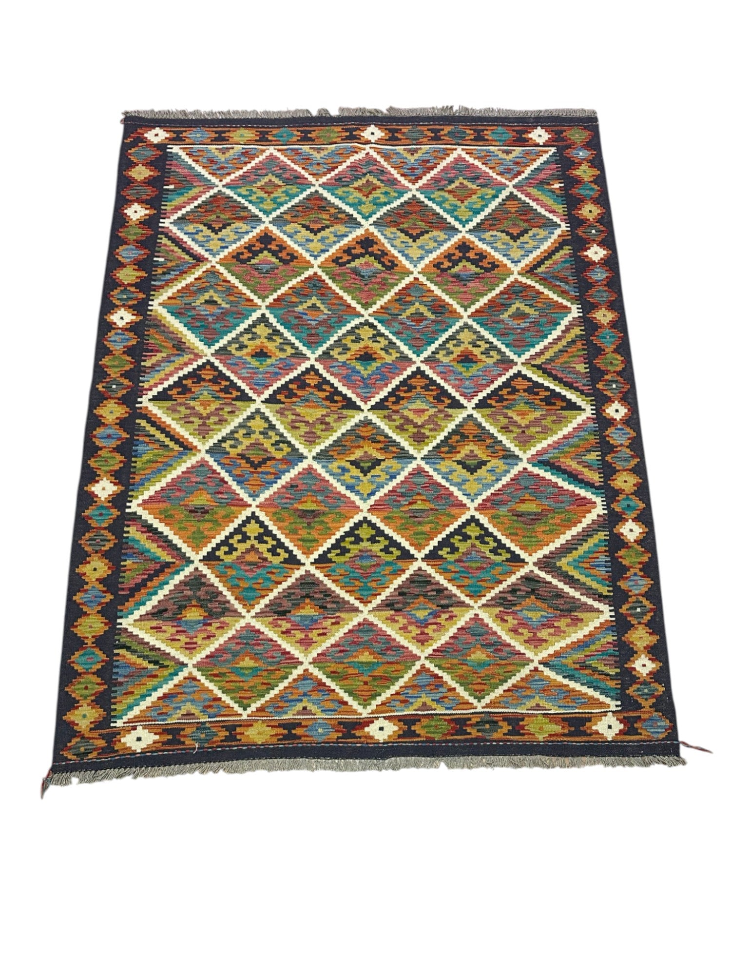 Hand-Woven Afghani Kilim Wool Rug 5'2" x 6'7"