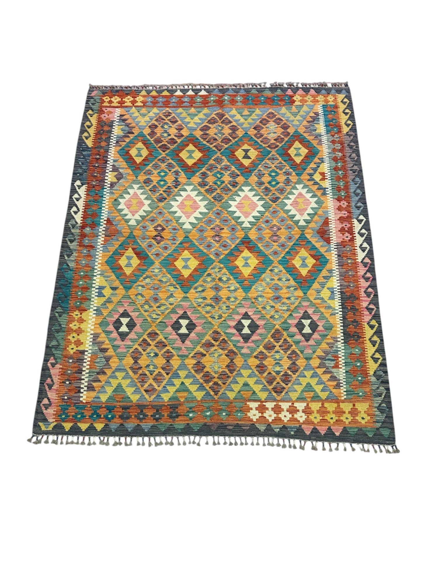 Hand-Woven Afghani Kilim Wool Rug 5'3" x 6'8"