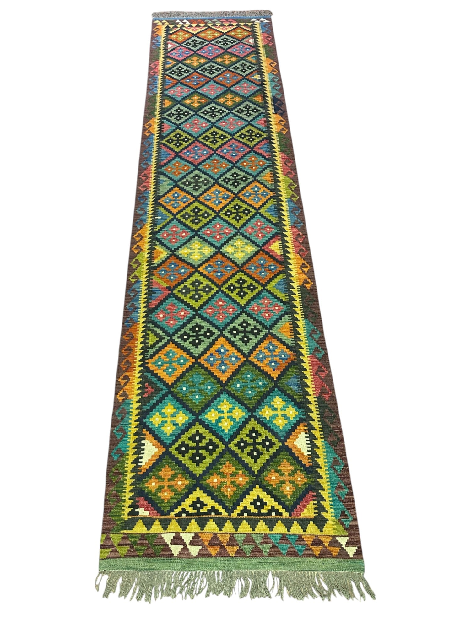 Hand-Woven Afghani Kilim Wool Rug 3'4" x 13'7"