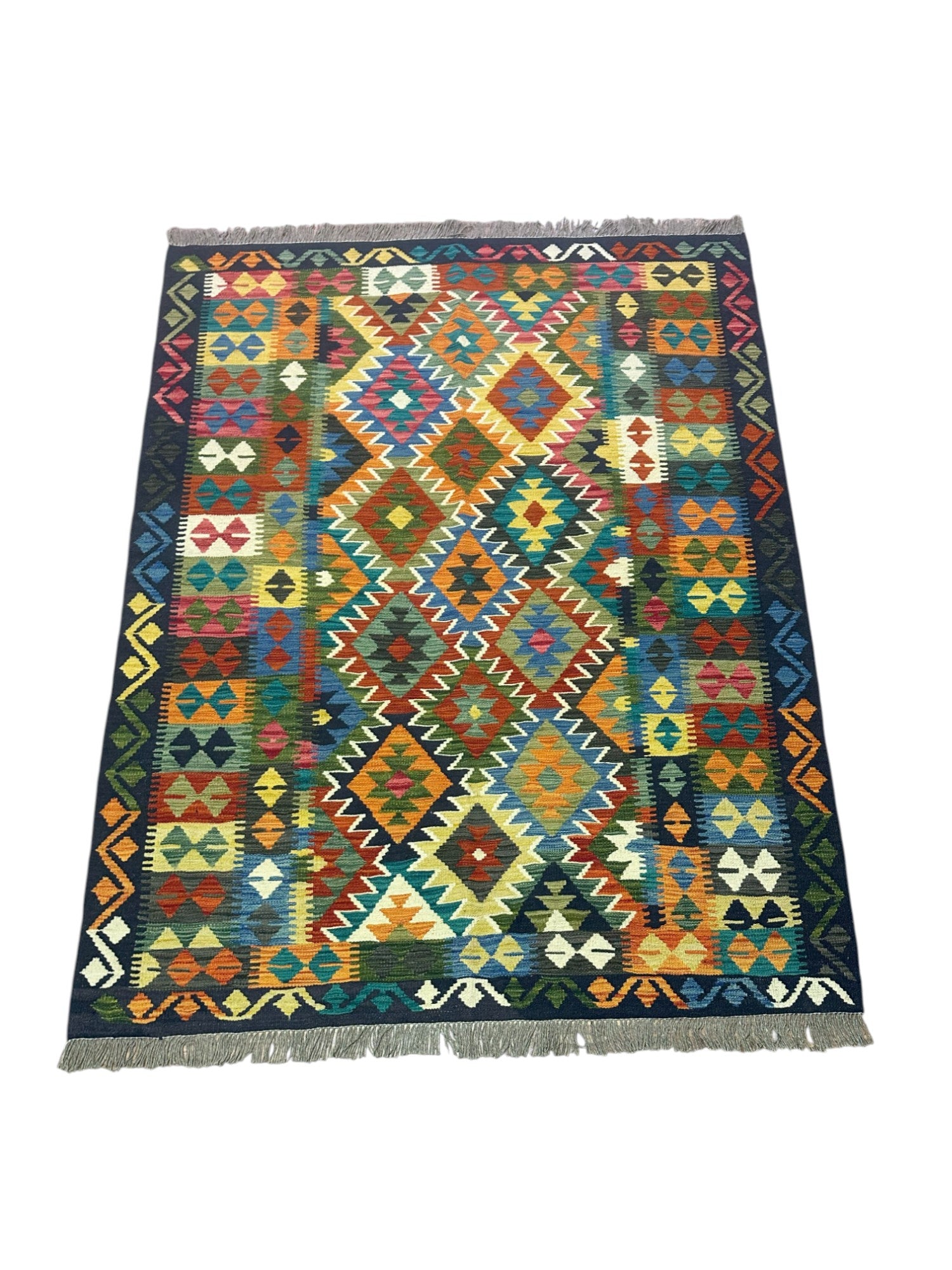 Hand-Woven Afghani Kilim Wool Rug 5'2" x 6'8"