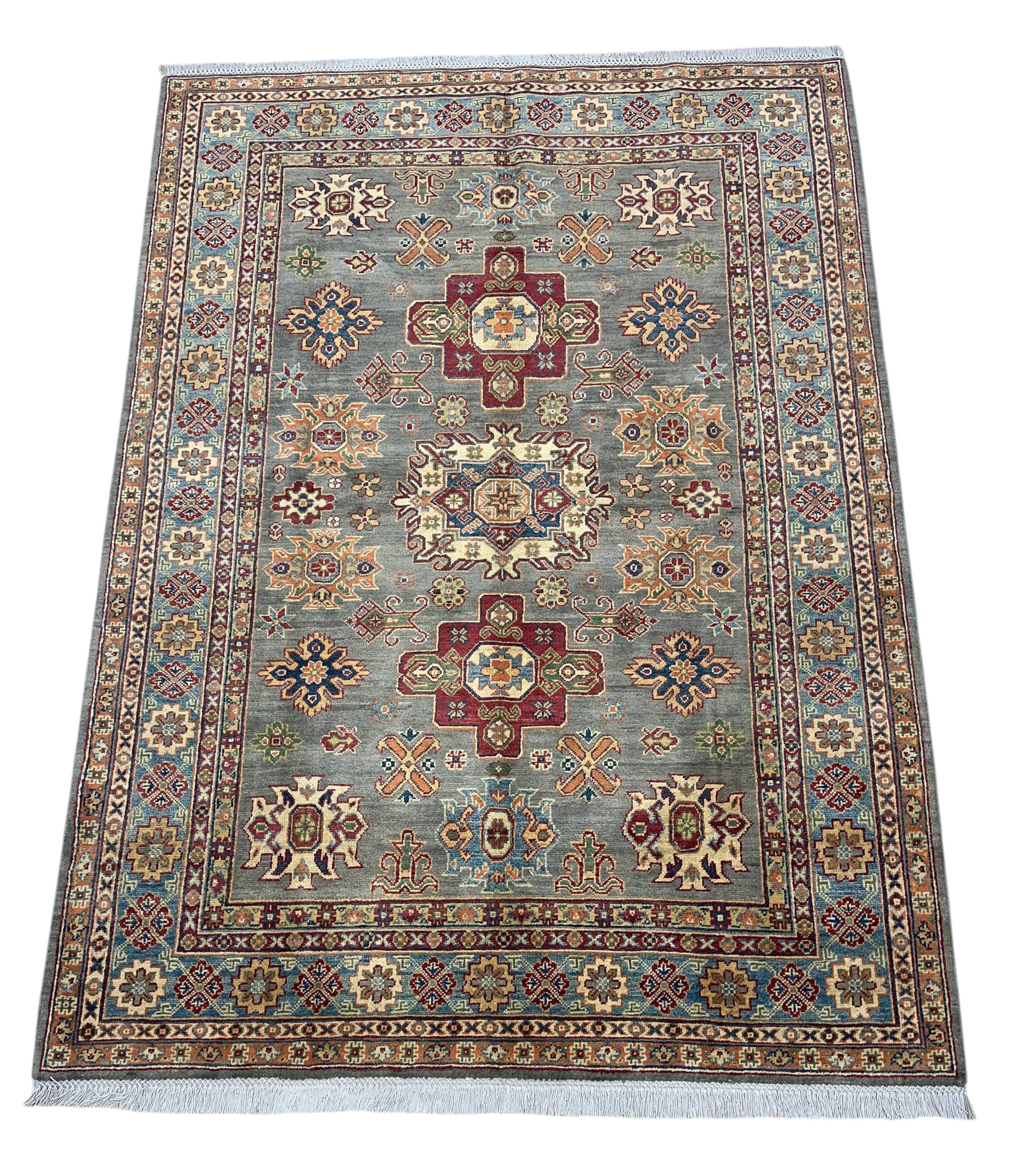Hand-Knotted Afghani Qzaq Wool Rug – 5’7″ x 7’9″