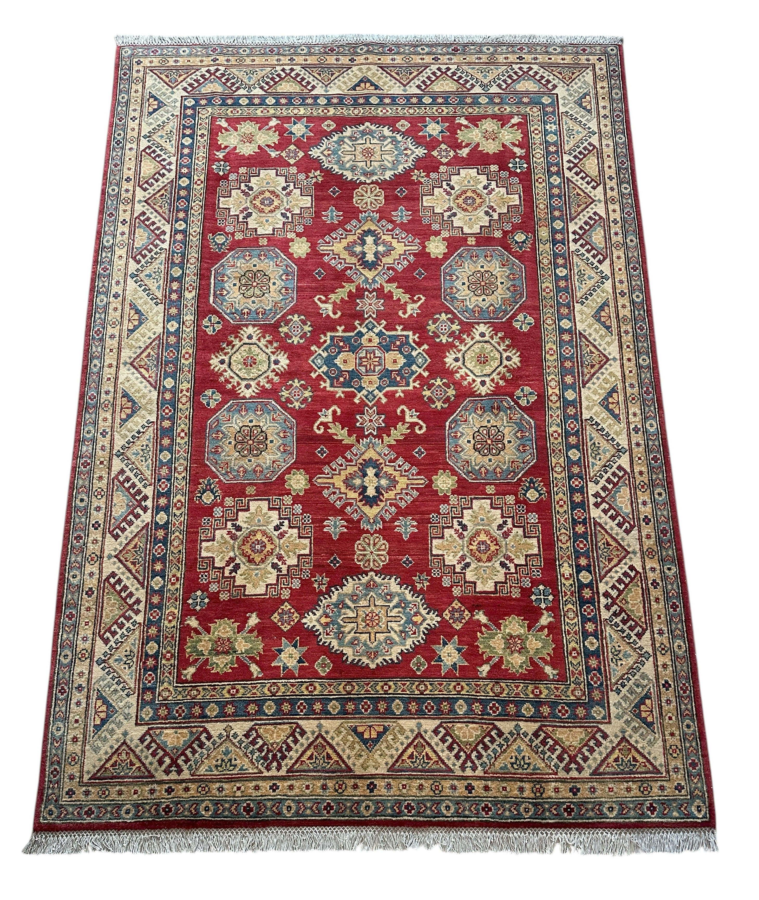 Hand-Knotted Afghani Kazak Wool Rug – 7’11″ x 5’5″