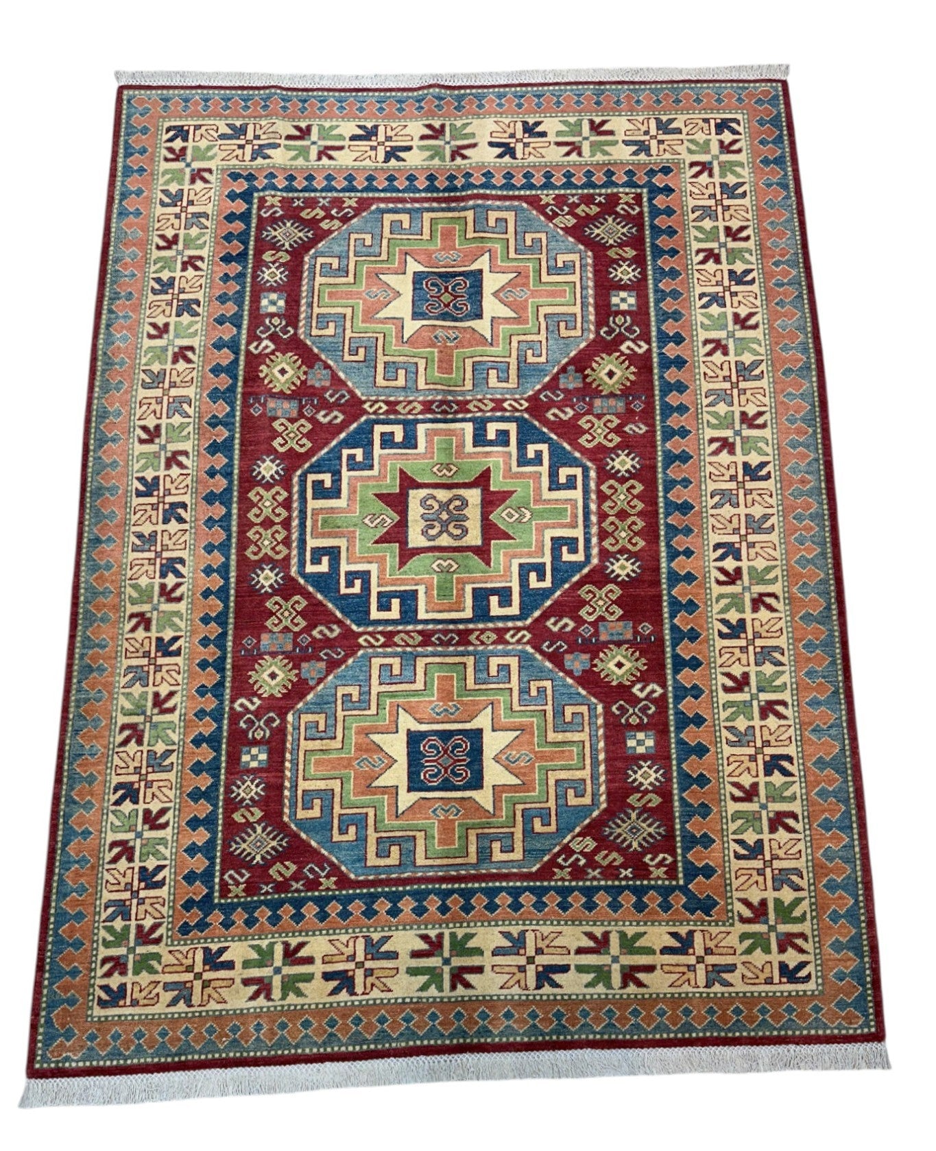 Hand-Knotted Afghani Kazak Wool Rug – 5’7″ x 7’7″