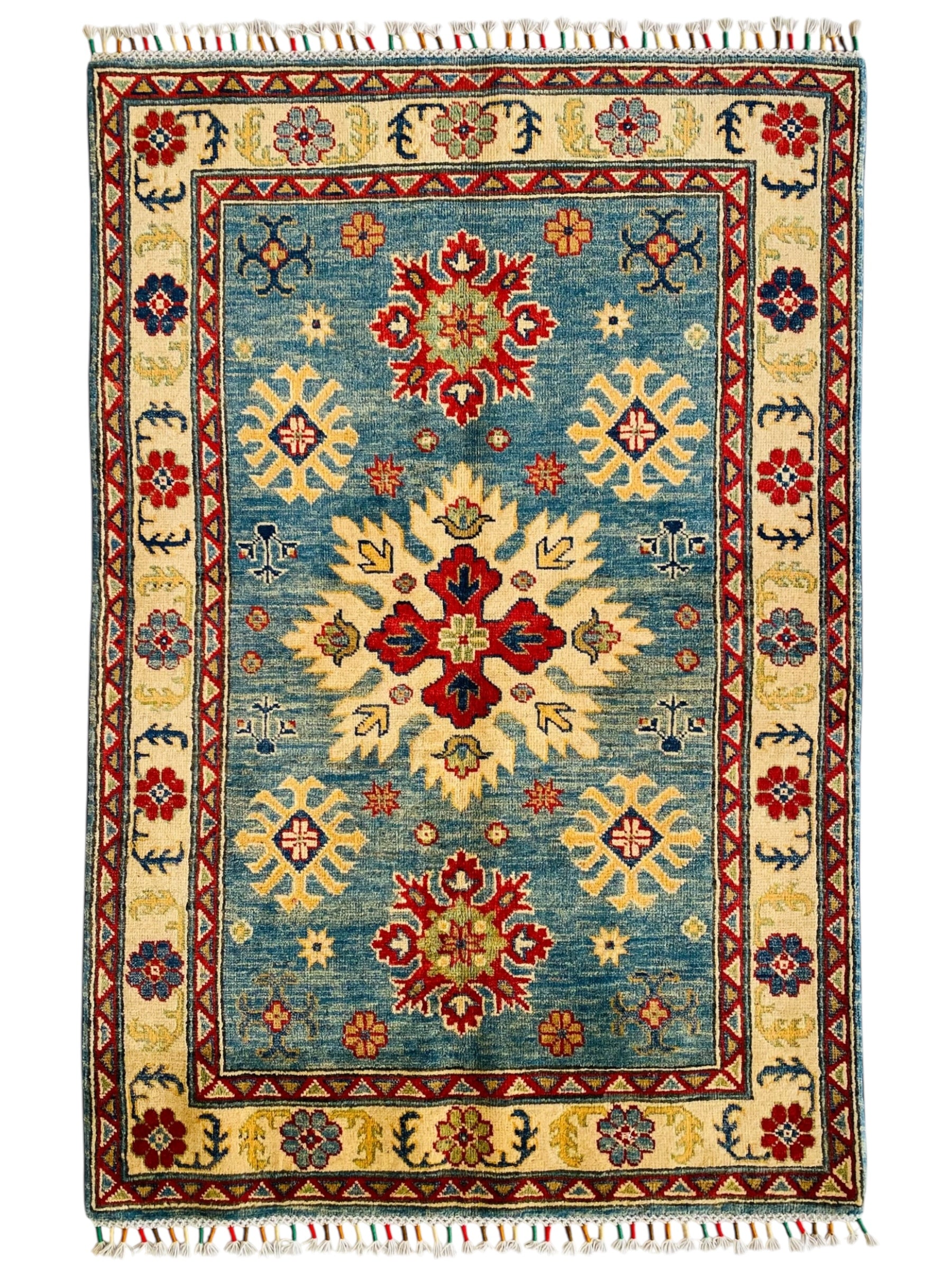 Hand-Knotted Afghani Kazak Wool Rug – 4’3″ x 5’10″