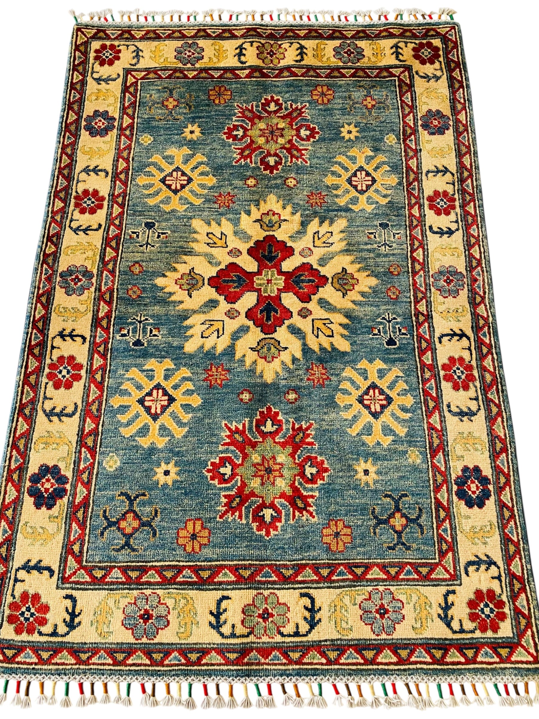 Hand-Knotted Afghani Kazak Wool Rug – 4’3″ x 5’10″