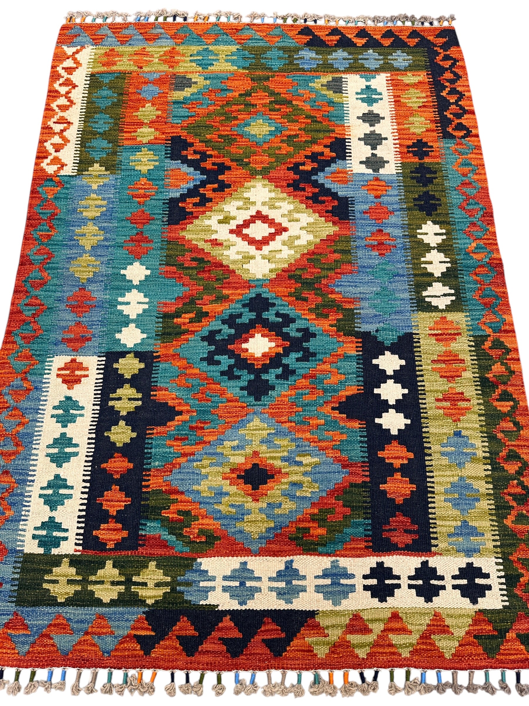 3'5" x 4'9" Handwoven Afghani Wool Kilim Rug – Colorful Geometric Tribal Flatweave with Rugistan Decorative Fringe – Reversible