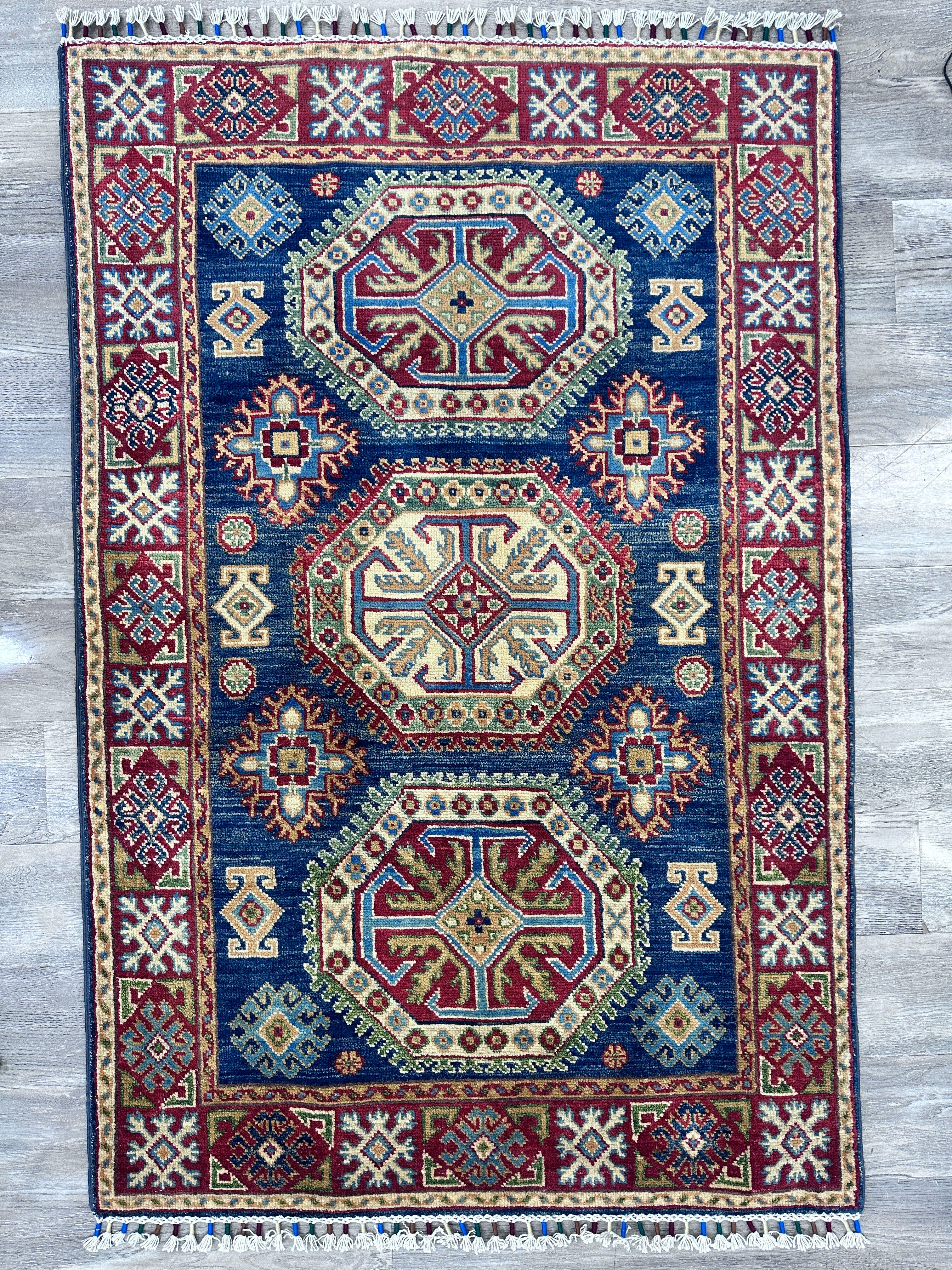 Hand-Knotted Afghani Kazak Wool Rug – 3’4″ x 5’0″