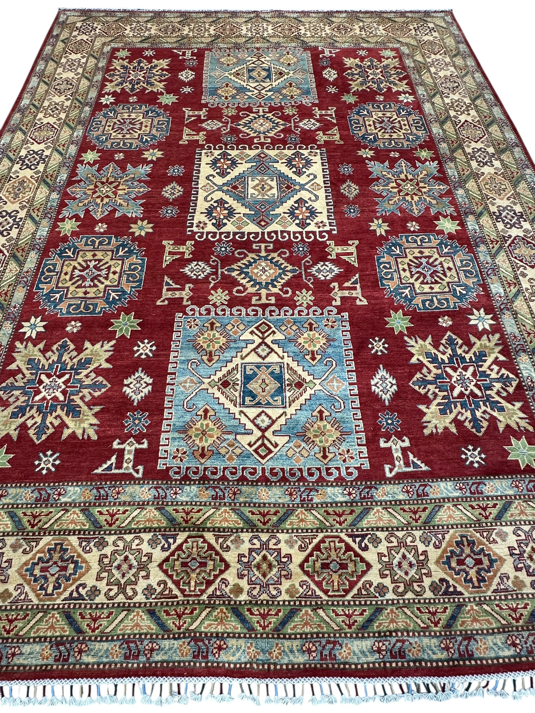 Hand-Knotted Afghani Kazak Wool Rug – 8’10″ x 11’11″
