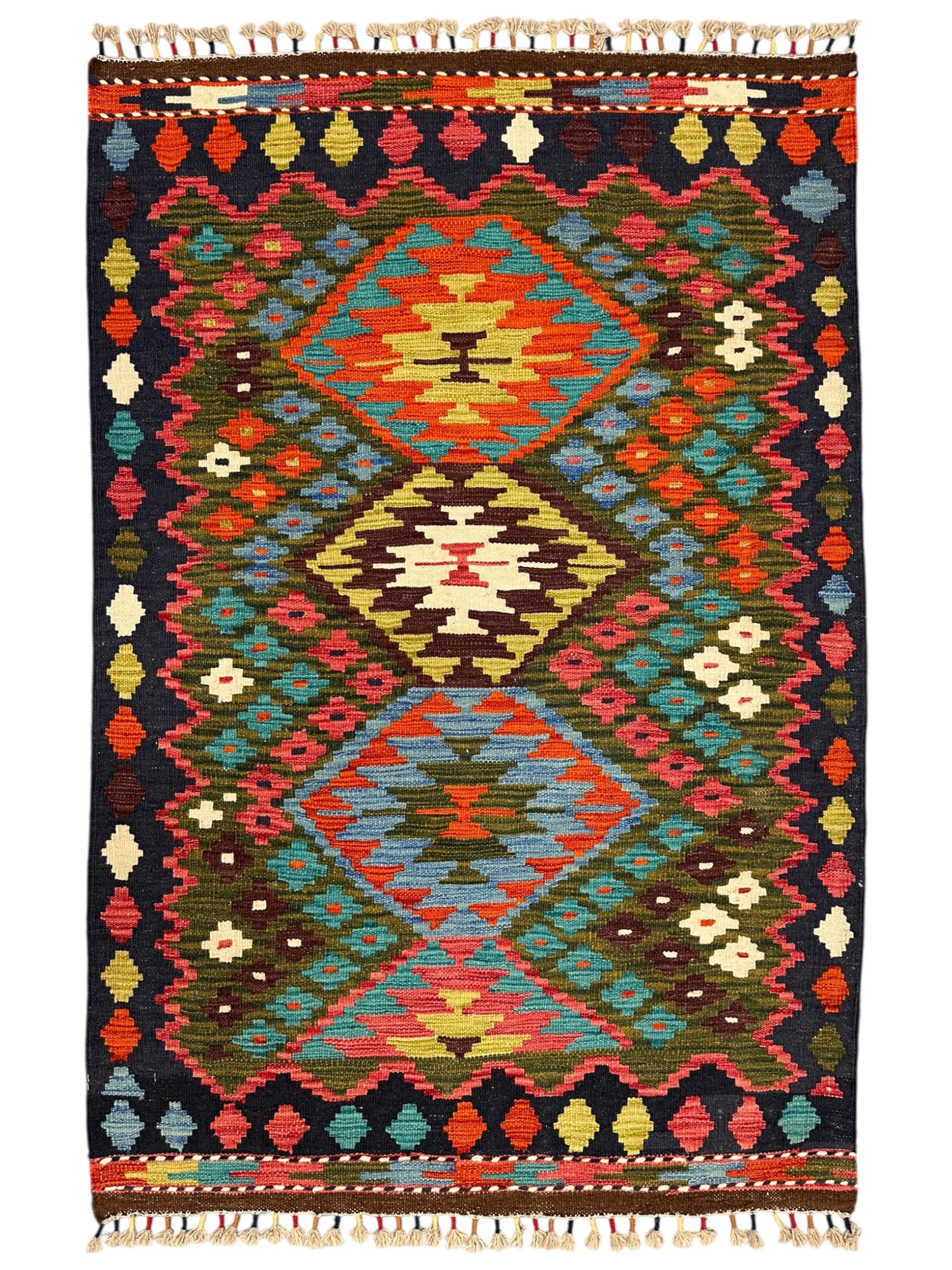 Hand-Woven Afghani Kilim Wool Rug 3'4" x 4'11"