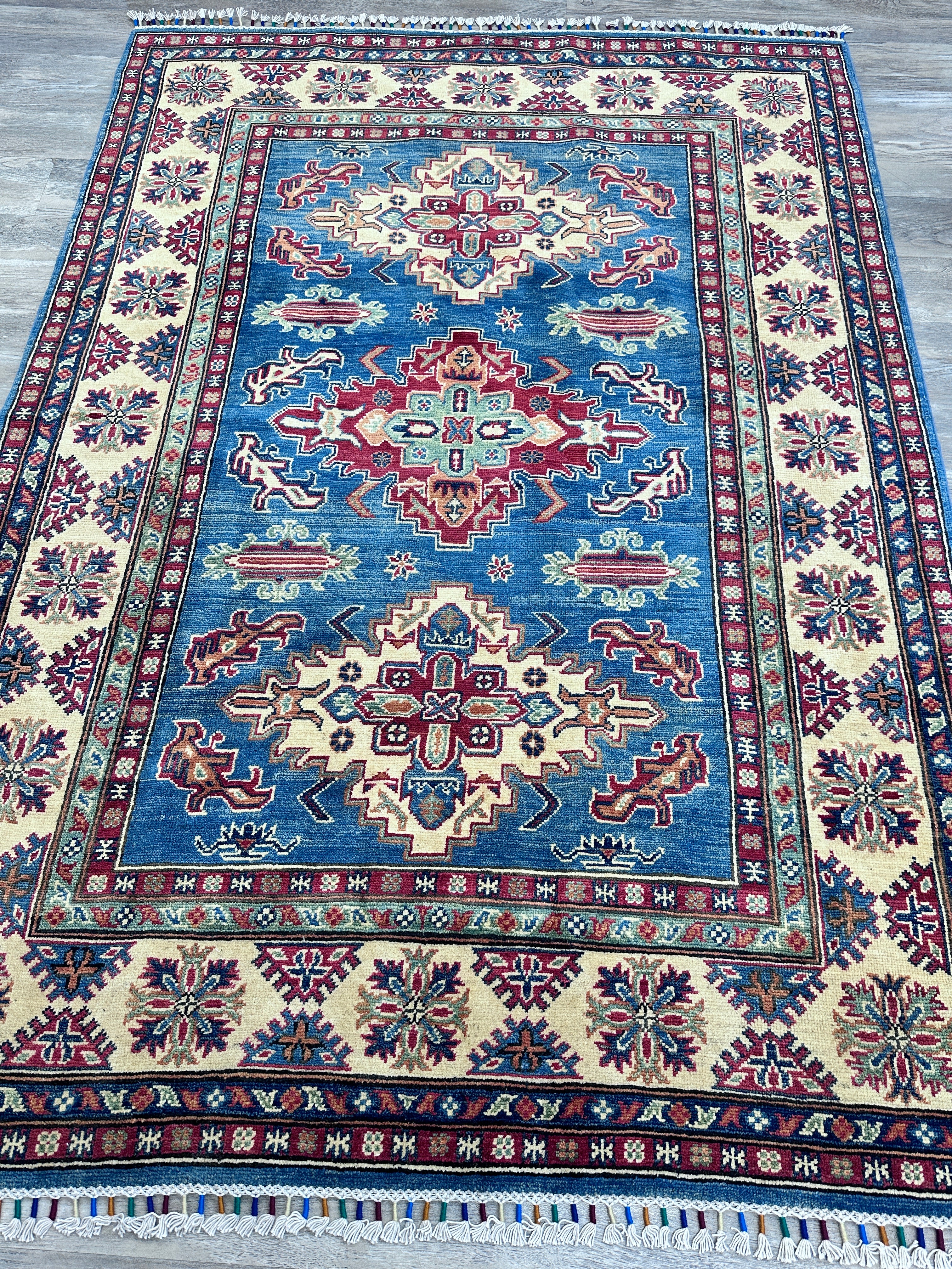Hand-Knotted Afghani Kazak Wool Rug – 5’0″ x 7’0″