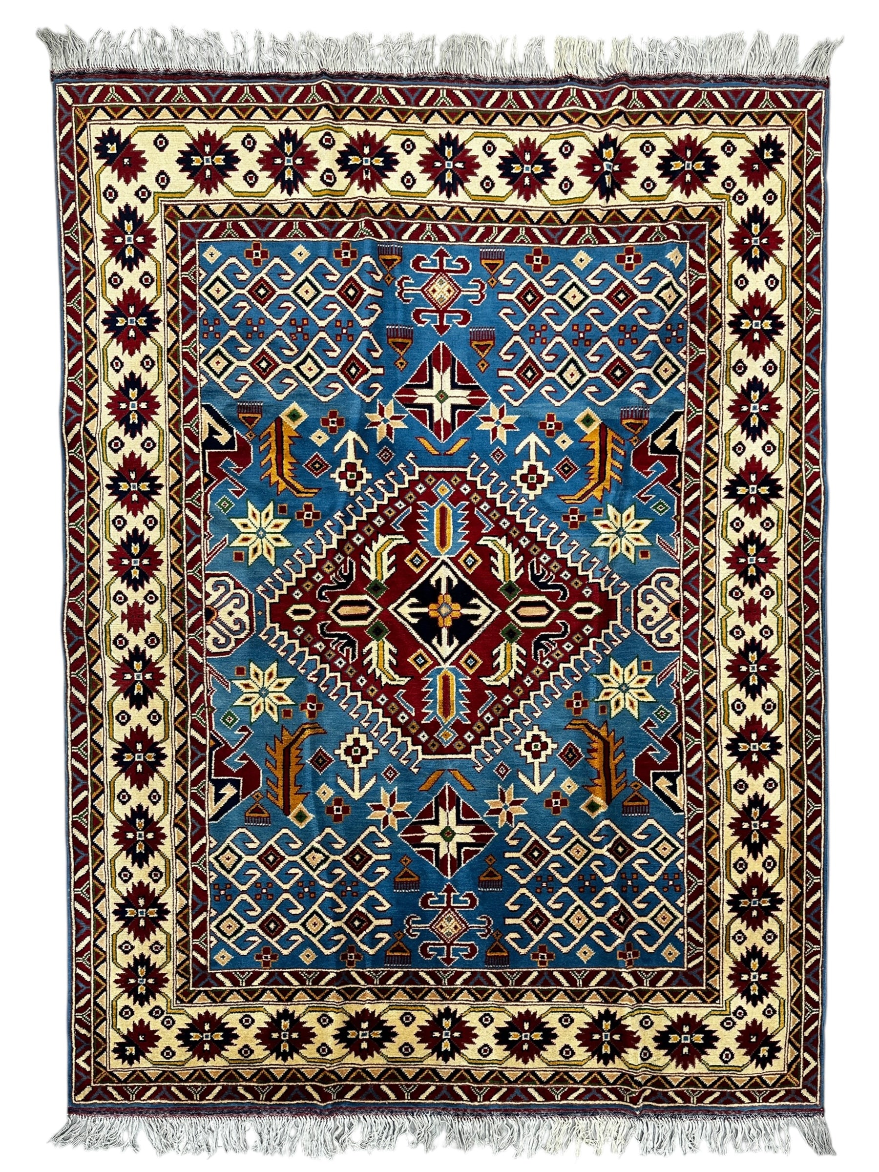 Hand-Knotted Afghani Kazak Wool Rug – 5’0″ x 6’10″