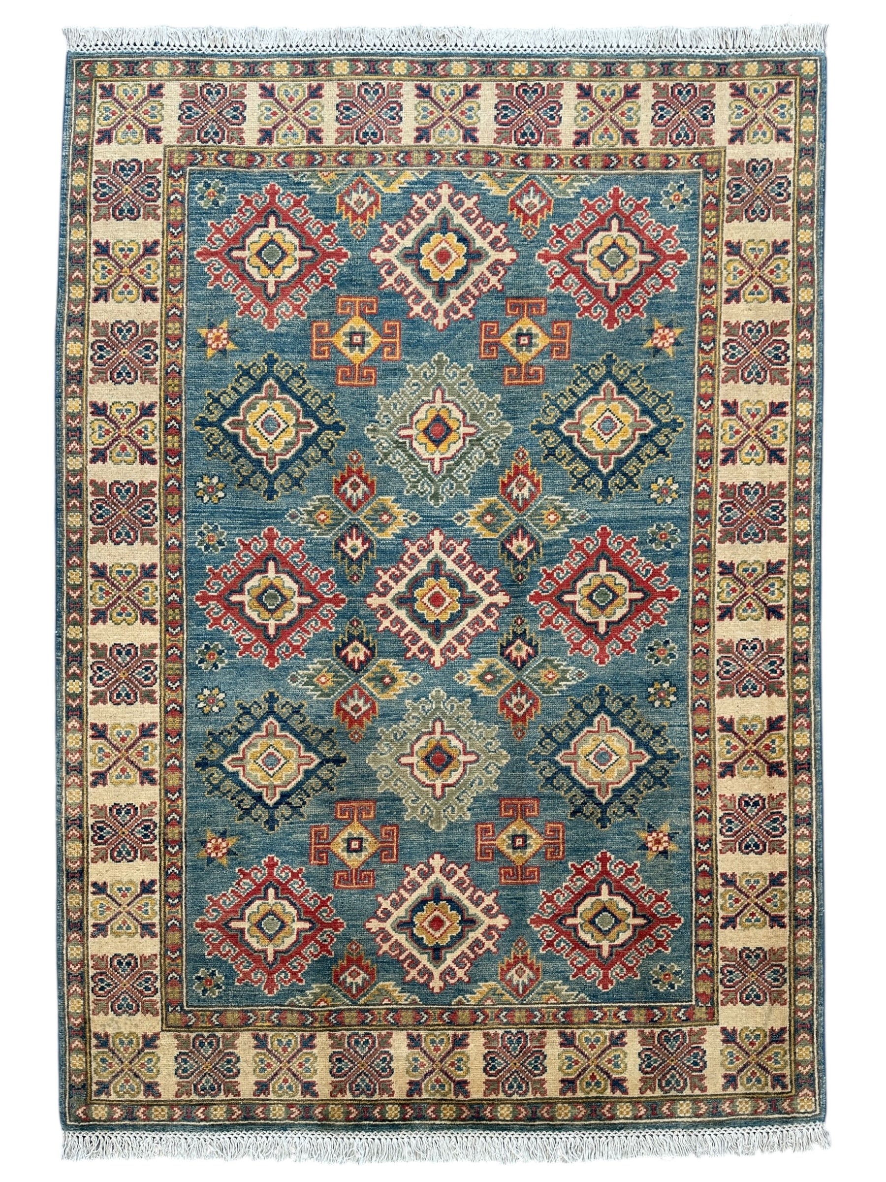 Hand-Knotted Afghani Kazak Wool Rug – 4’2″ x 5’10″