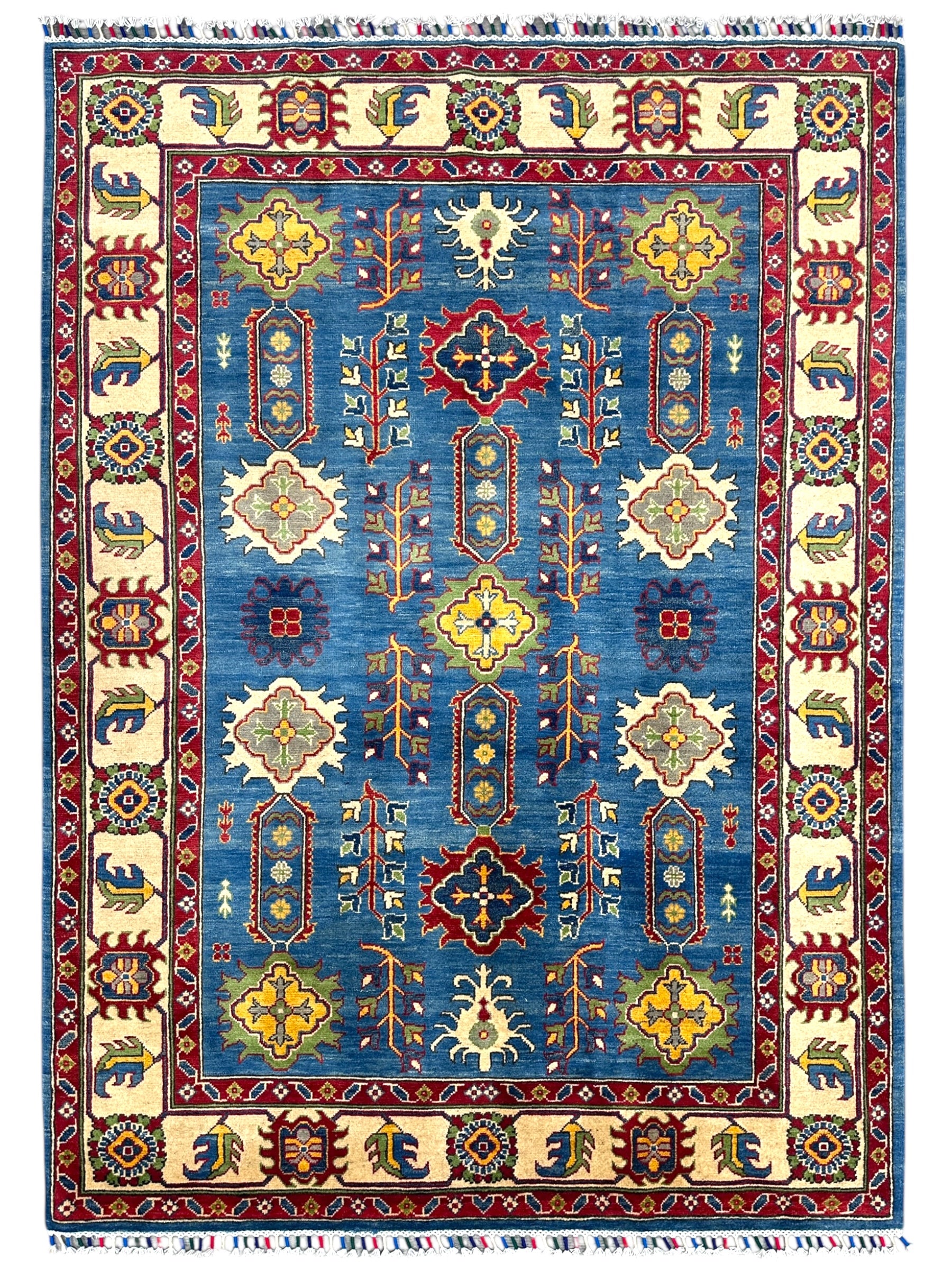 Hand-Knotted Afghani Kazak Wool Rug | Geometric Design | 5′6″ x 7′7″