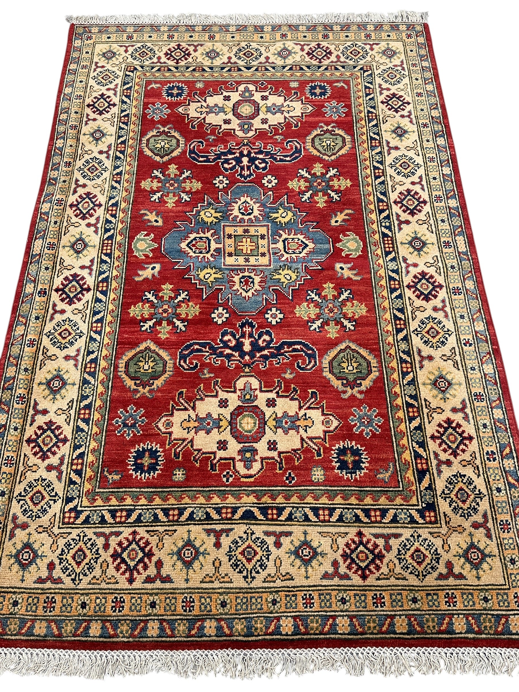 Hand-Knotted Afghan Kazak Wool Rug | Tribal Design | 4′ x 6′1″