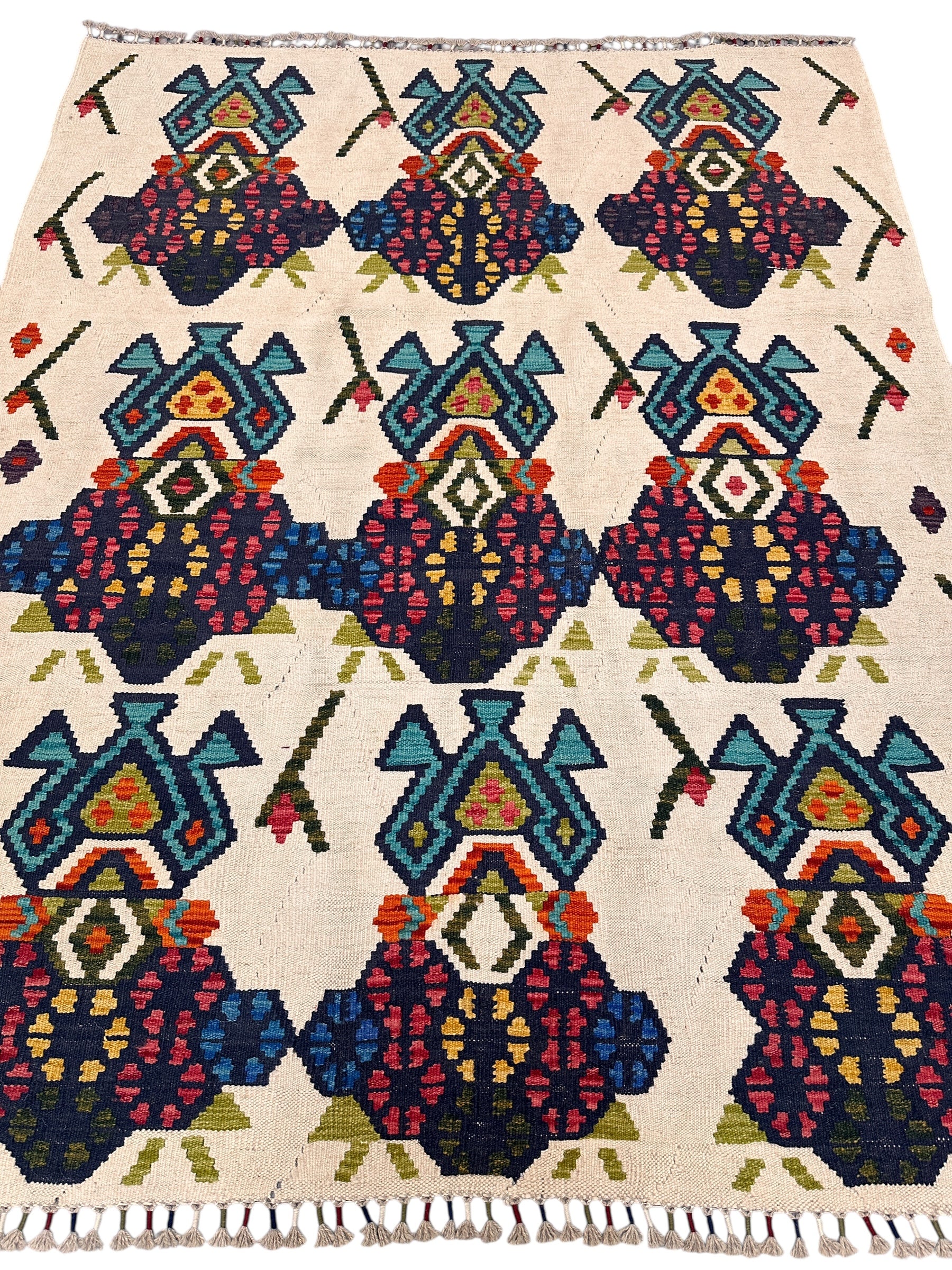 Hand-Woven Afghani Kilim Wool Rug – 5'7" x 7'1" – Traditional Flatweave, Reversible, Tribal Geometric Design