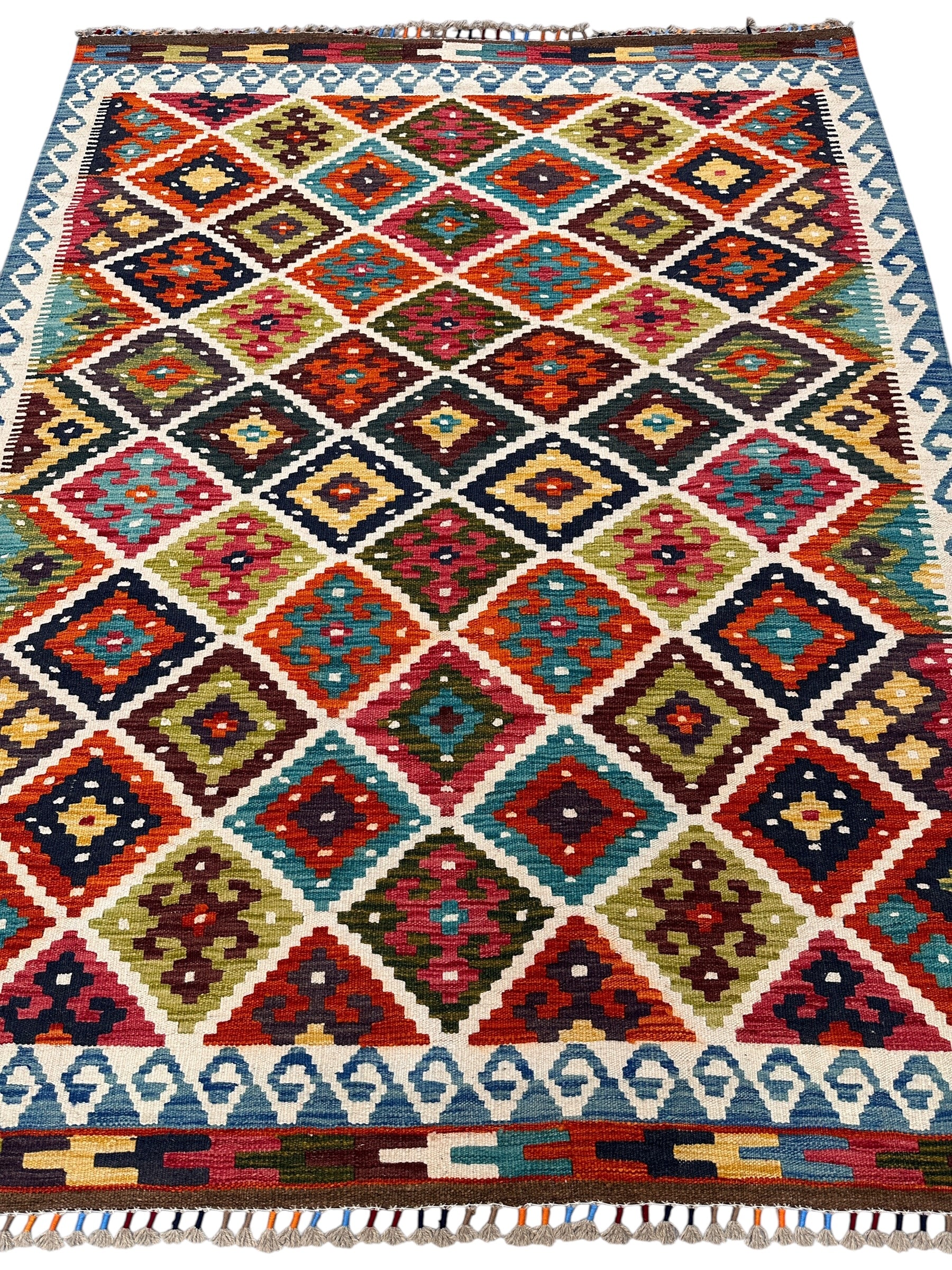 5'1" x 6'7" Handwoven Wool Kilim Rug – Colorful Geometric Tribal Flatweave with Decorative Bound Fringe – Reversible