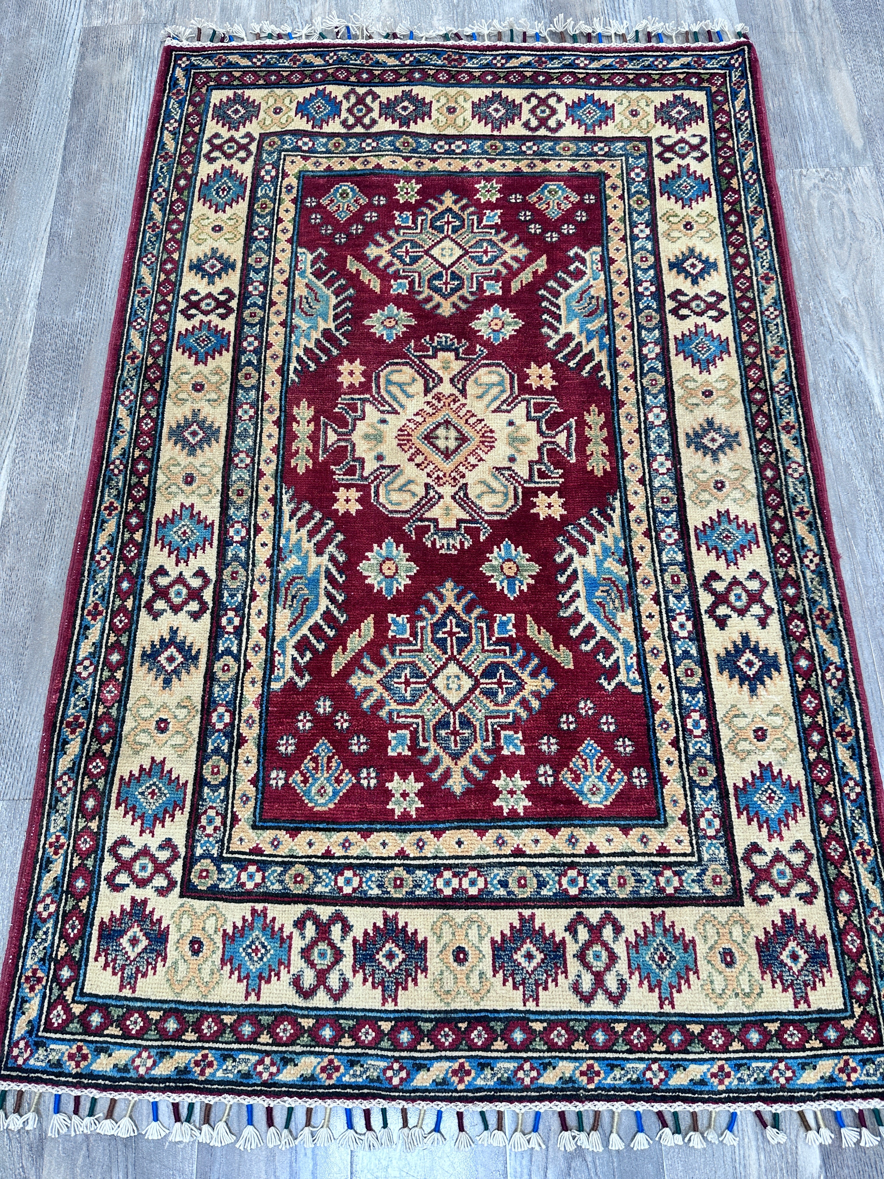 Hand-Knotted Afghani Kazak Wool Rug – 3’3″ x 5’0″