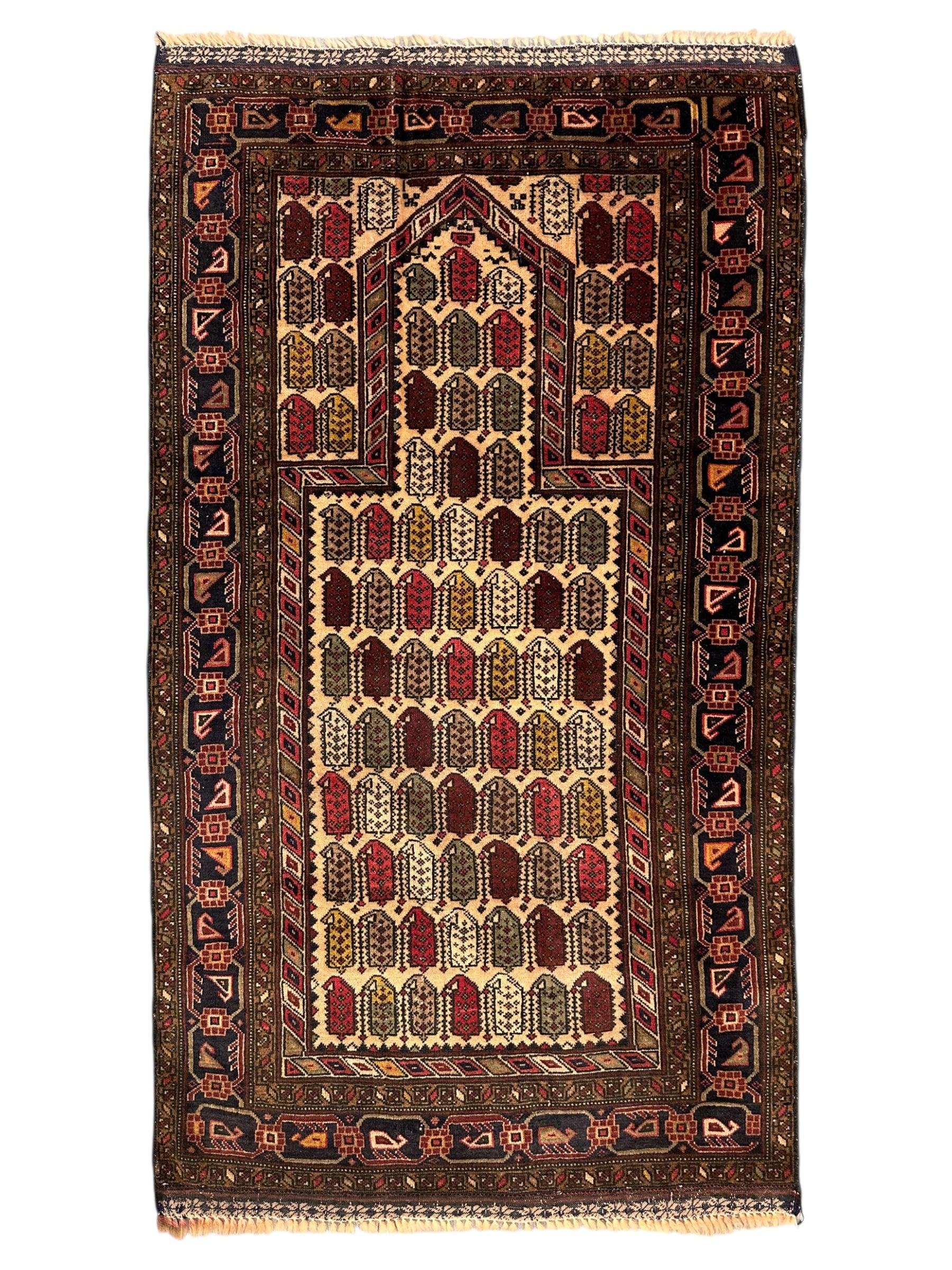 Vintage Afghan Baluch Prayer Rug – Hand-Knotted Wool Tribal Mihrab Design – 2’9” x 4’9”