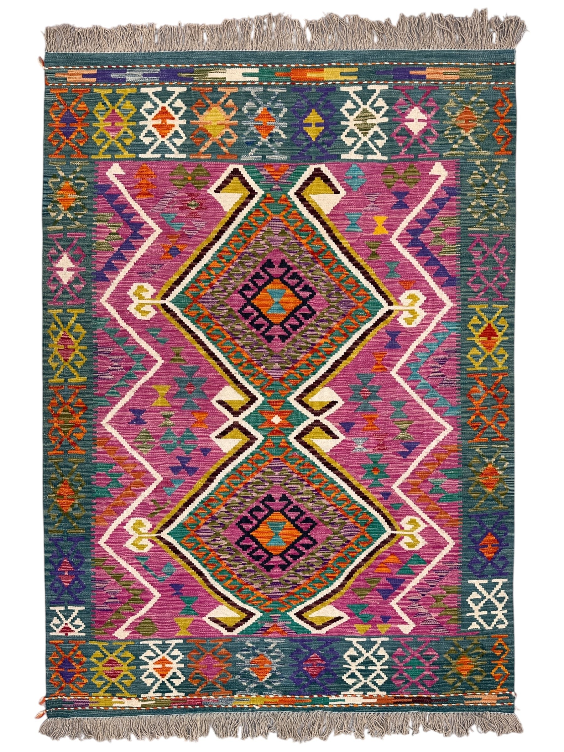 4'10" x 6'10" Handwoven Afghani Wool Kilim Rug – Vibrant Geometric Tribal Flatweave with Rugistan Decorative Fringe – Reversible