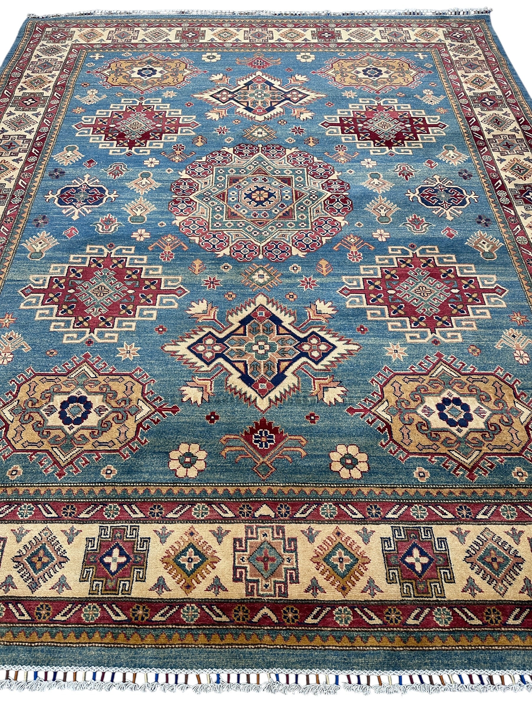 Hand-Knotted Afghani Kazak Wool Rug | Geometric Design | 8′ x 10′