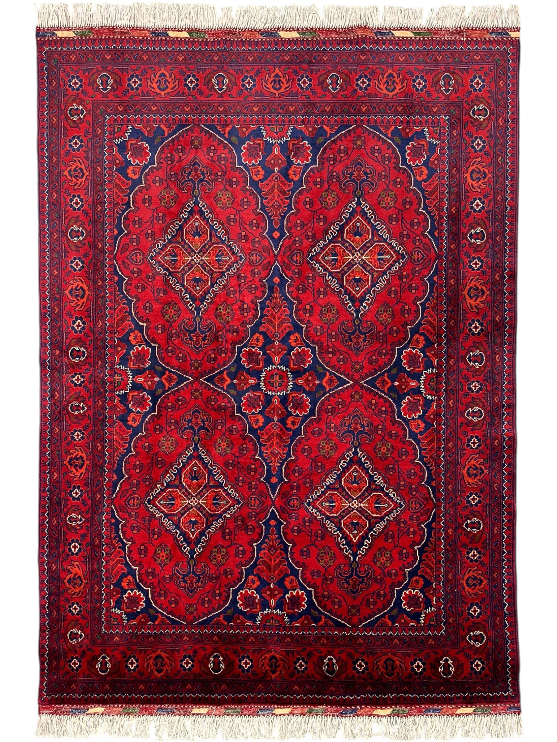Hand-Knotted Afghani Ghazni Area Rug | Blue & Red | 5′ x 7′