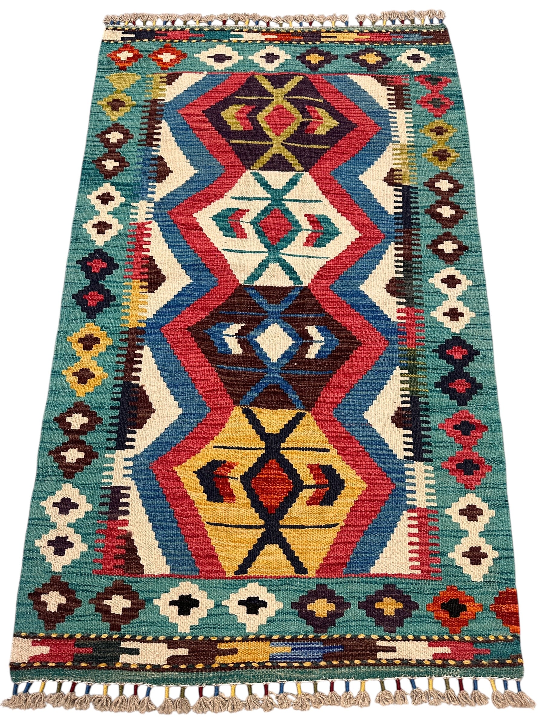 Hand-Woven Afghani Kilim Wool Rug 2'9" x 4'6" – Reversible Flatweave with Decorative Bound Fringe