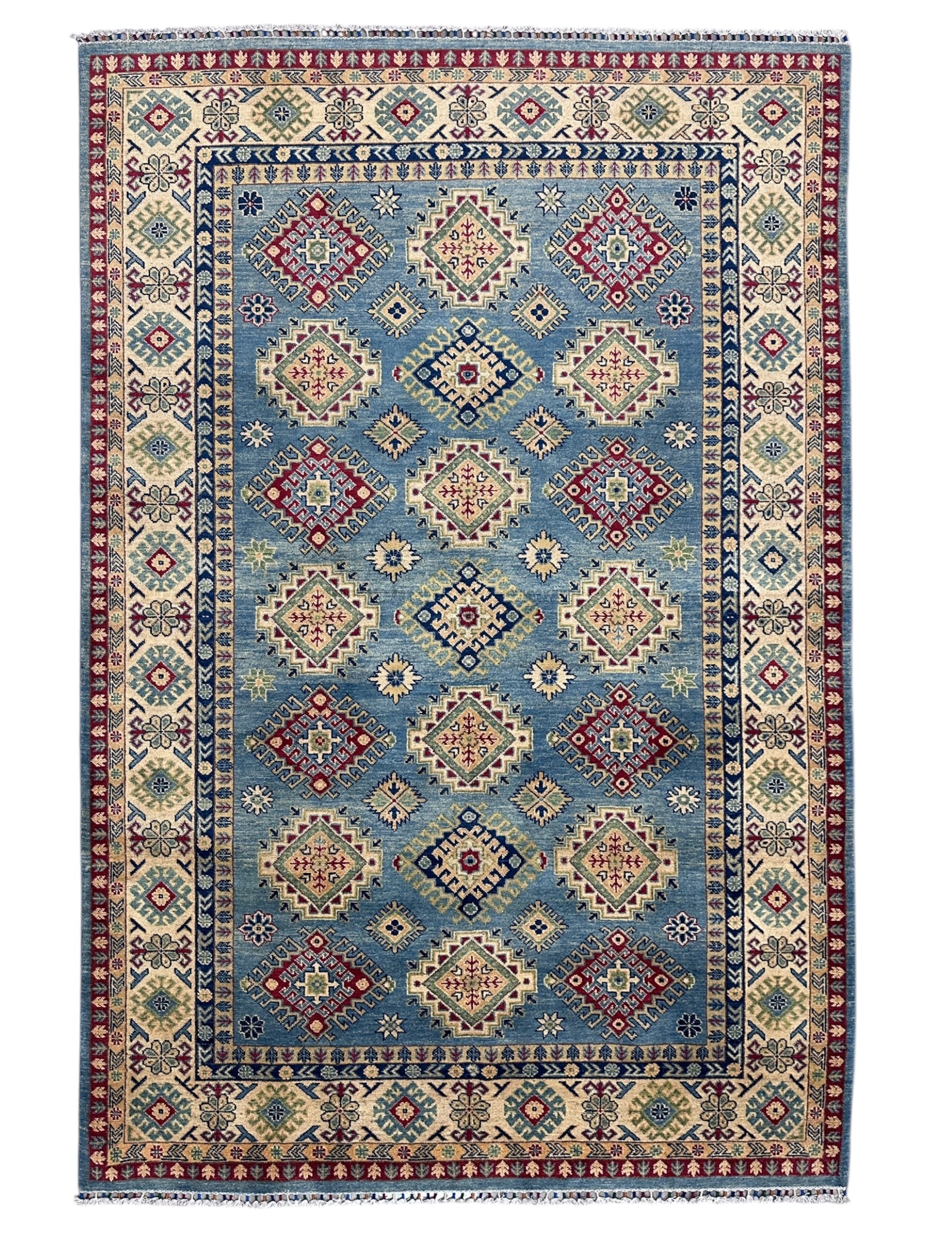 Hand-Knotted Afghani Kazak Wool Rug | Geometric Design | 7′ x 10′