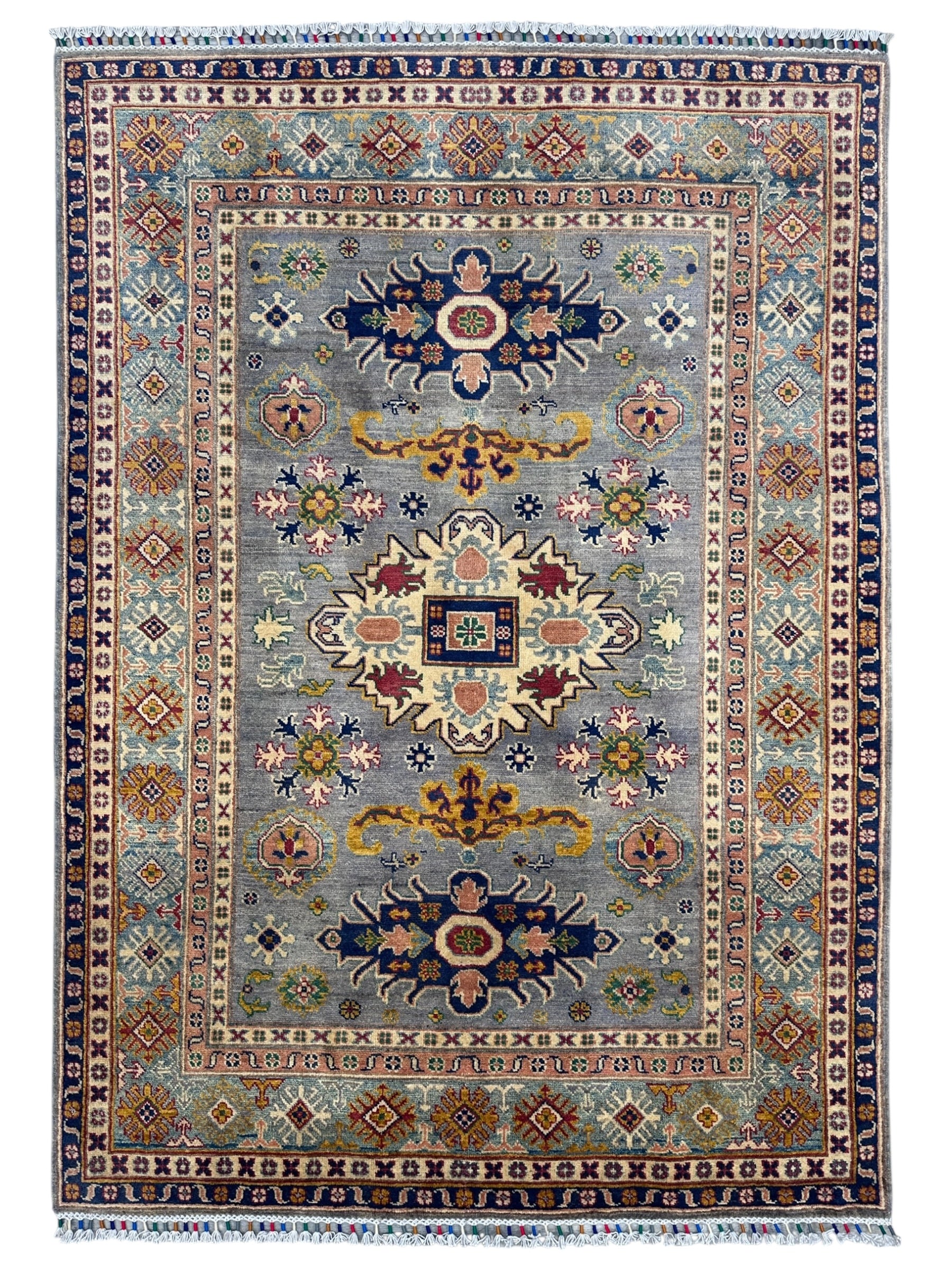 Hand-Knotted Afghani Kazak Wool Rug | Geometric Design | 5′6″ x 7′7″