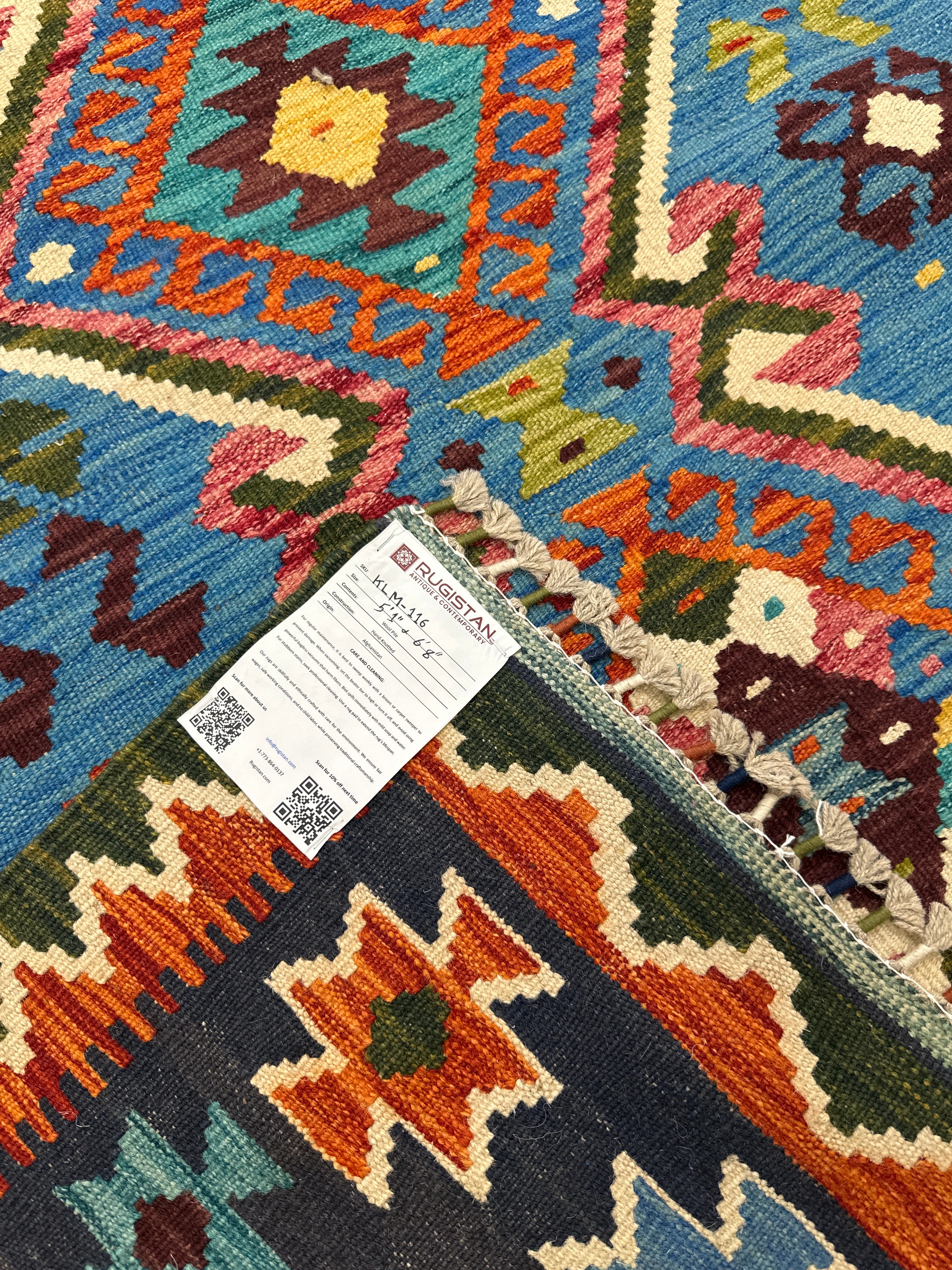 Hand-Woven Afghani Kilim Wool Rug 5'2" x 6'8"
