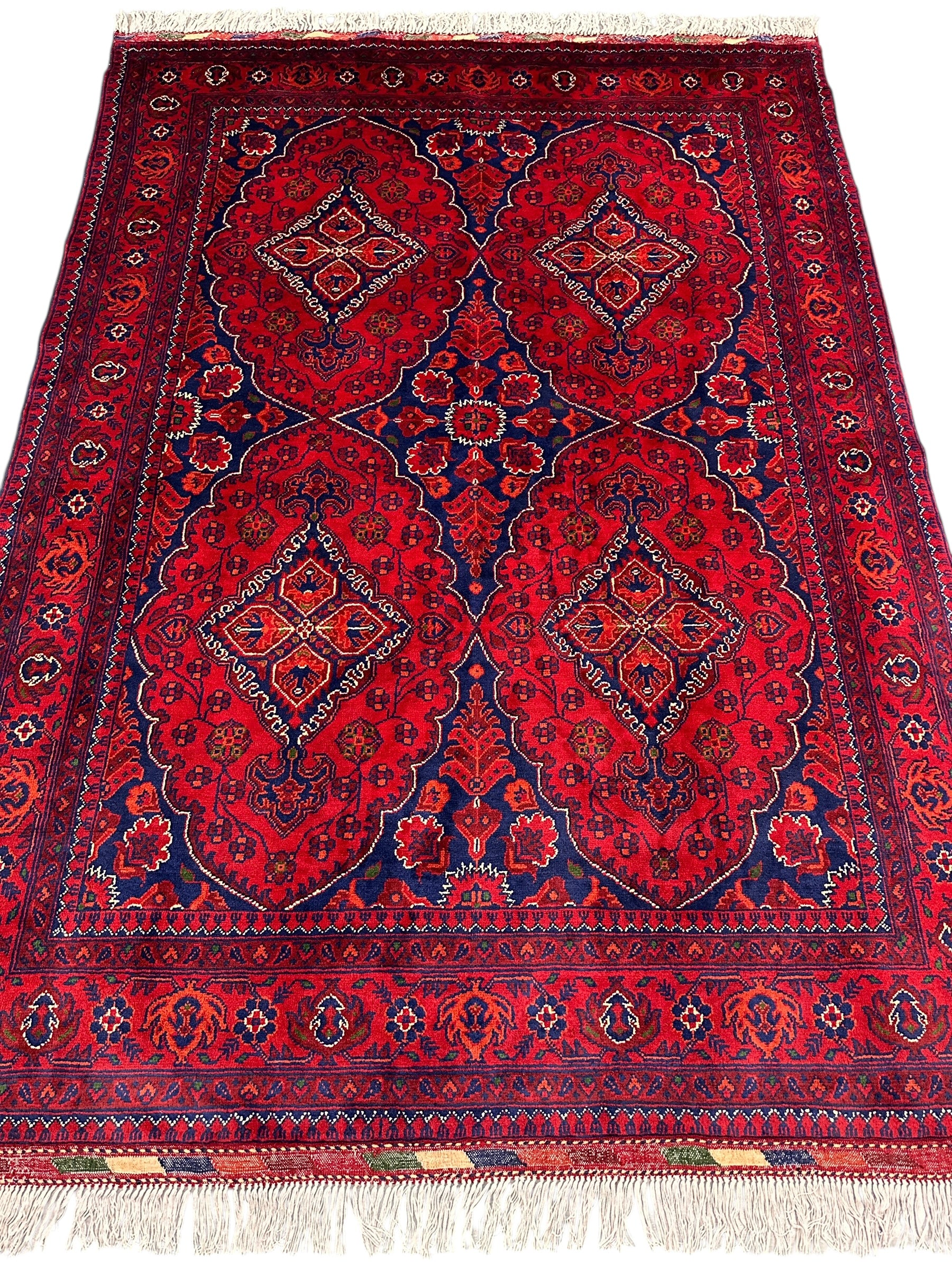 Hand-Knotted Afghani Ghazni Area Rug | Blue & Red | 5′ x 7′