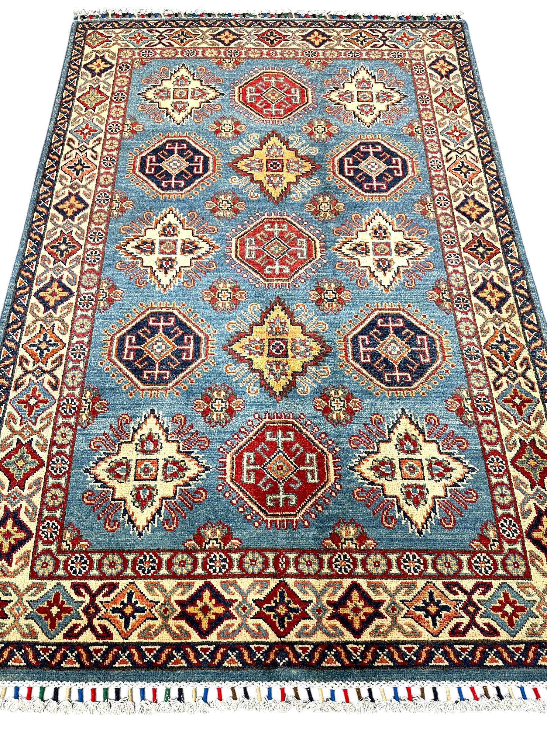 Hand-Knotted Afghan Kazak Wool Rug | Blue, Cream & Red Tribal Design | 4'1″ x 5'11″