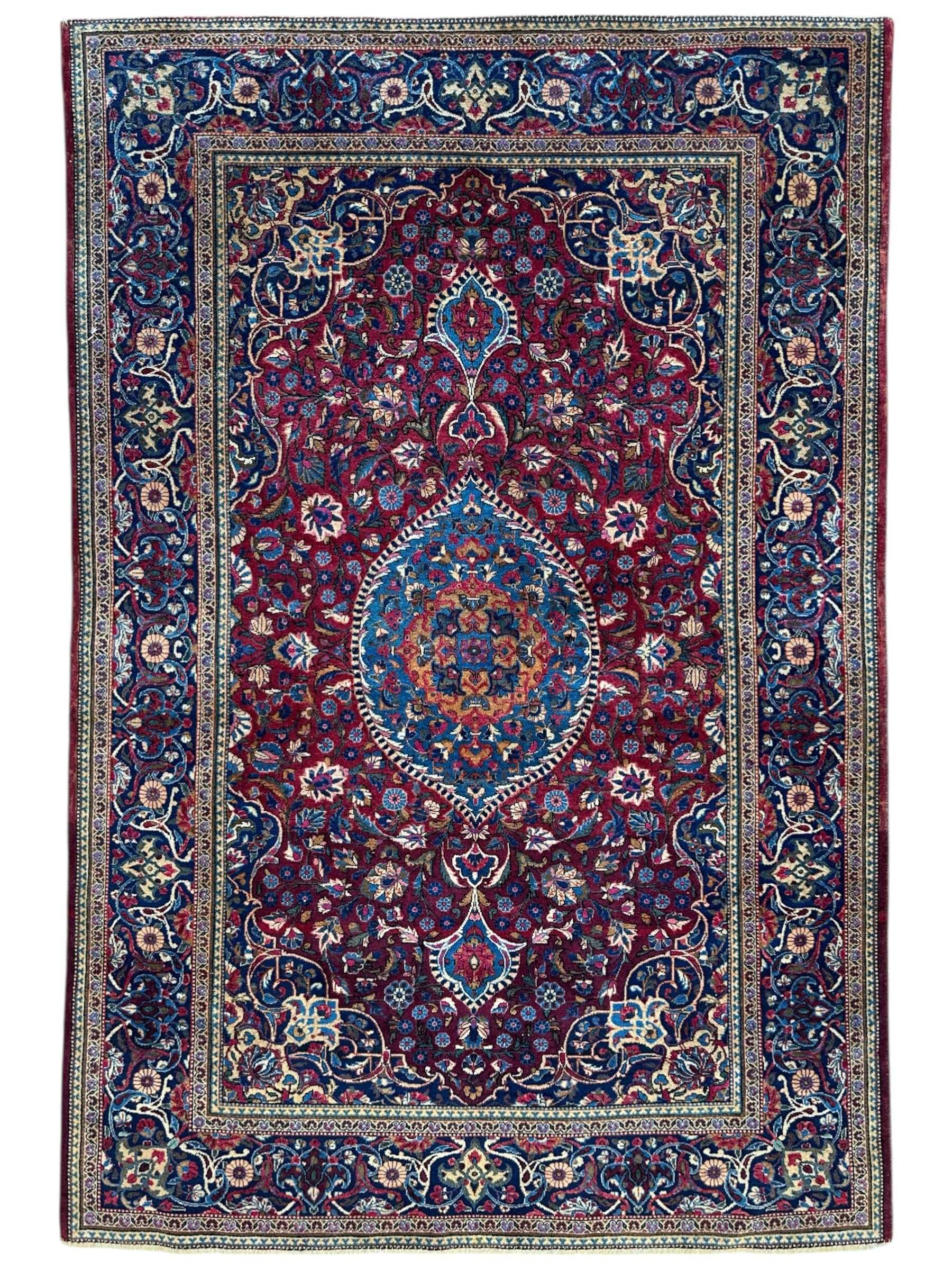 Antique Persian Kashan Debir rug with central medallion in red and navy floral design – 4'3" x 6'4" – Hand-knotted fine wool, circa 1920s