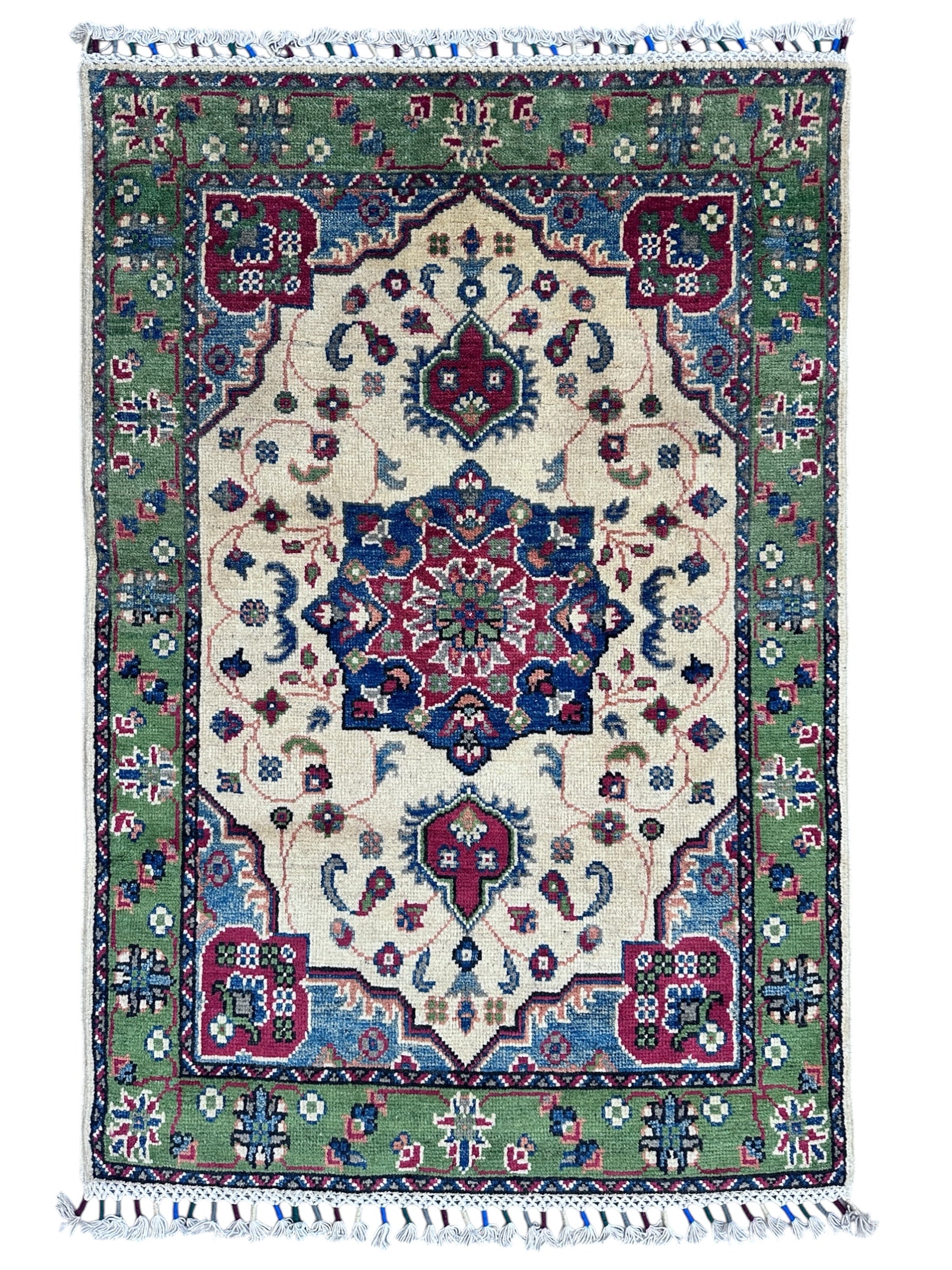 Hand-Knotted Afghani Kazak Wool Rug – 2’8″ x 3’11″