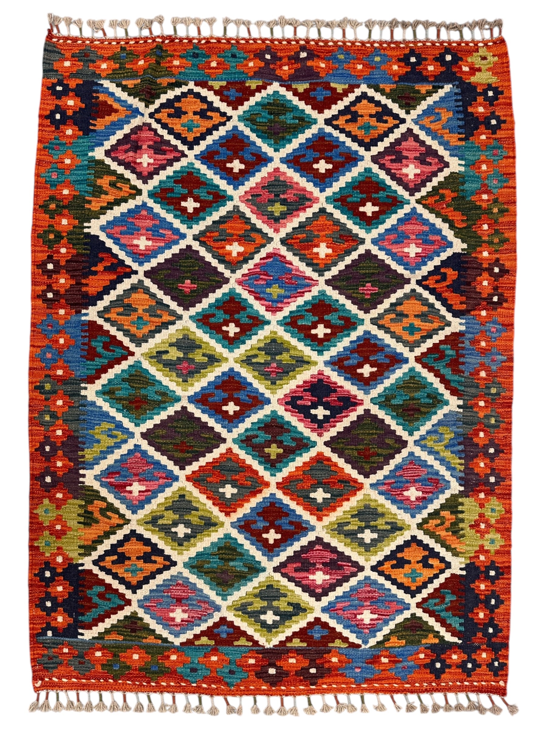 Handwoven Wool Kilim Rug 3'6" x 4'10" – Colorful Geometric Tribal Flatweave with Decorative Bound Fringe – Reversible